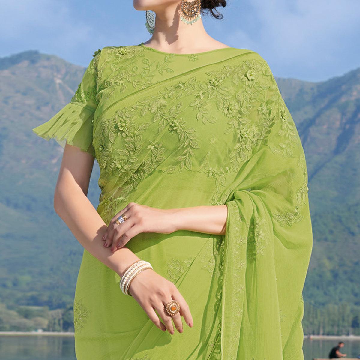 Mehendi Green Partywear Floral Embroidered Chiffon Saree - Peachmode