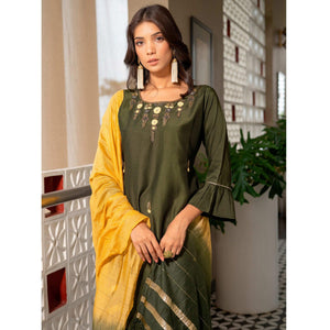 Mehendi Green Partywear Floral Embroidered Georgette Suit - Peachmode