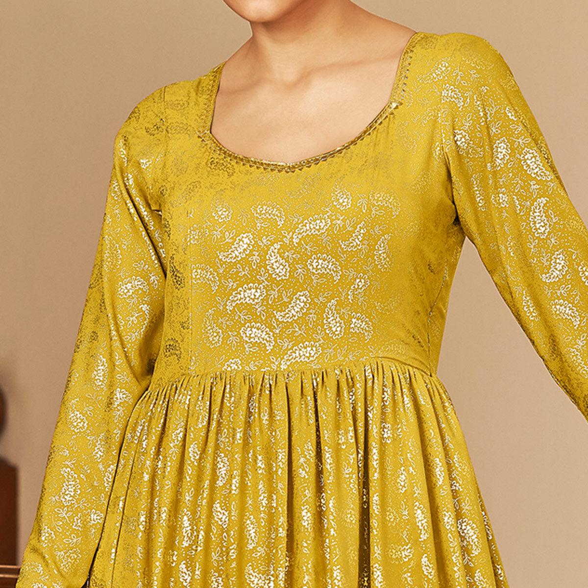 Mehendi Green Partywear Metallic Foil Work Georgette Gown - Peachmode