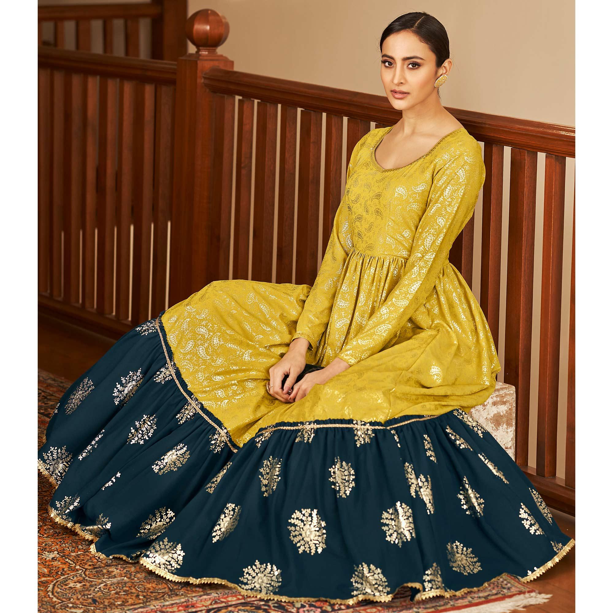 Mehendi Green Partywear Metallic Foil Work Georgette Gown - Peachmode