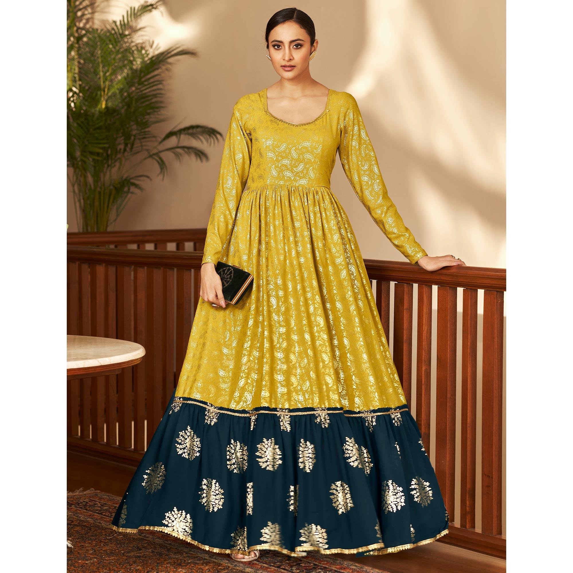 Mehendi Green Partywear Metallic Foil Work Georgette Gown - Peachmode