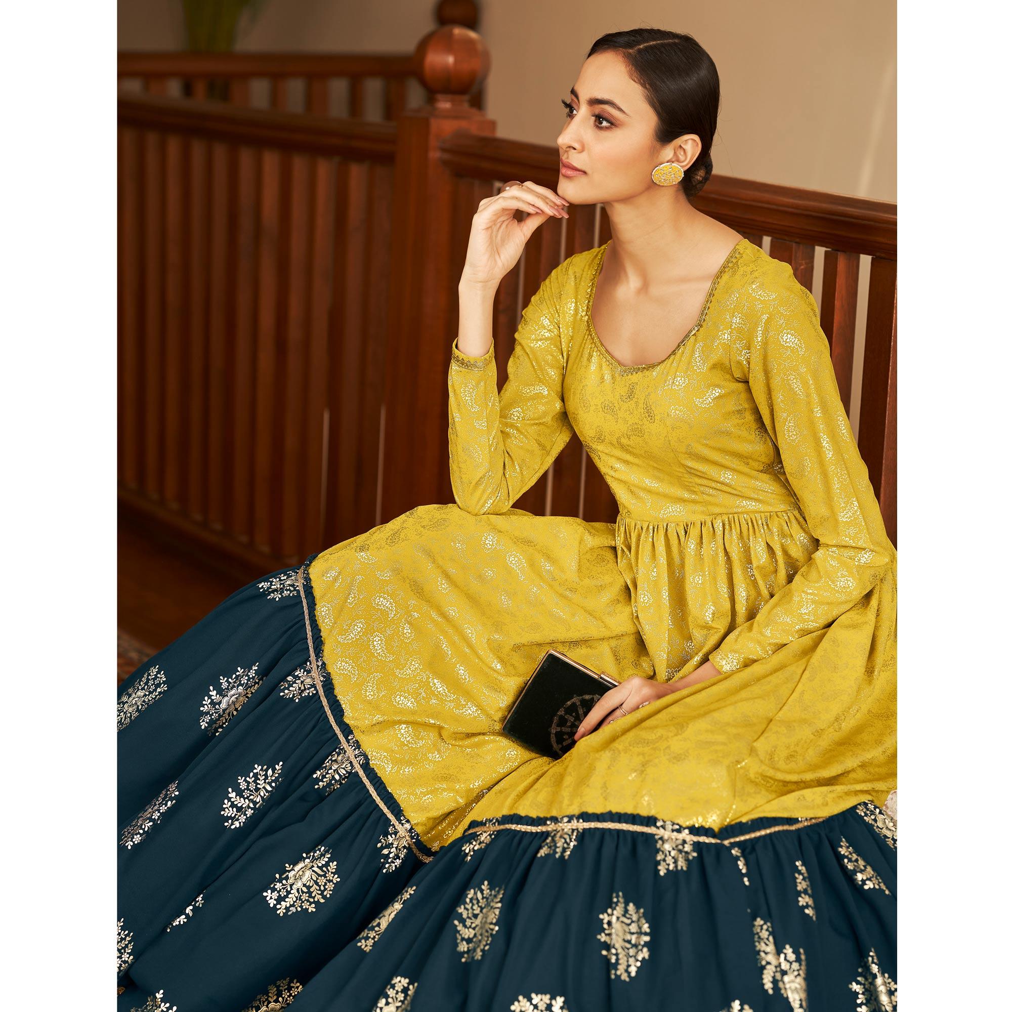 Mehendi Green Partywear Metallic Foil Work Georgette Gown - Peachmode