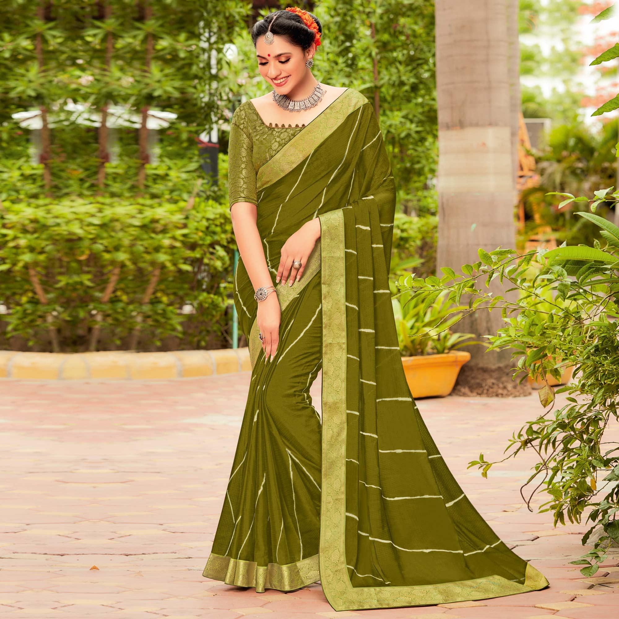 Mehendi Green Partywear Printed Chiffon Saree With Border - Peachmode