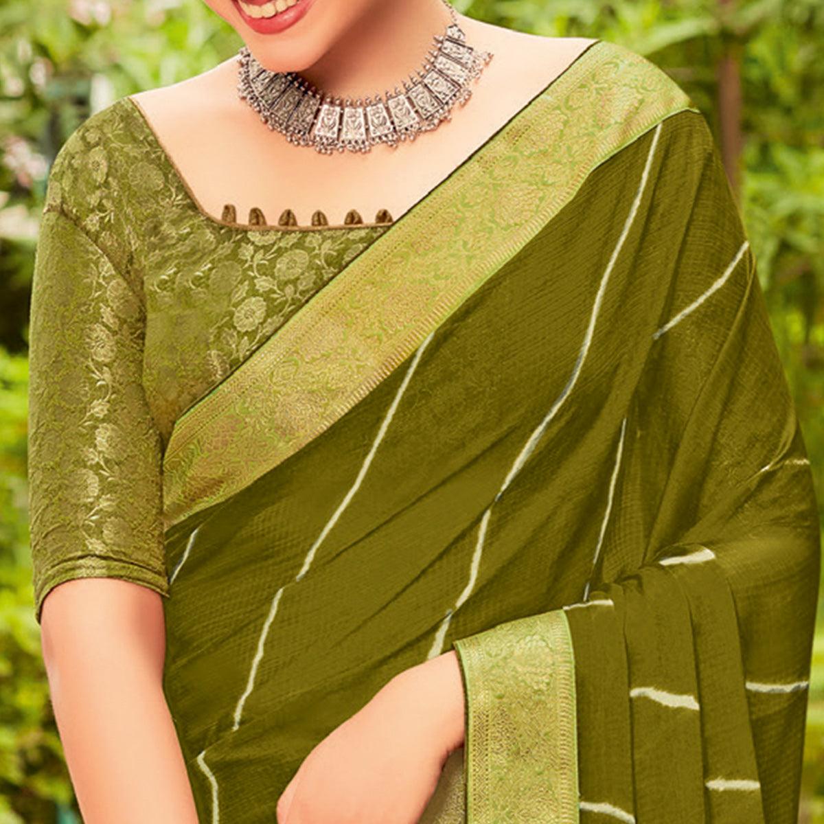 Mehendi Green Partywear Printed Chiffon Saree With Border - Peachmode