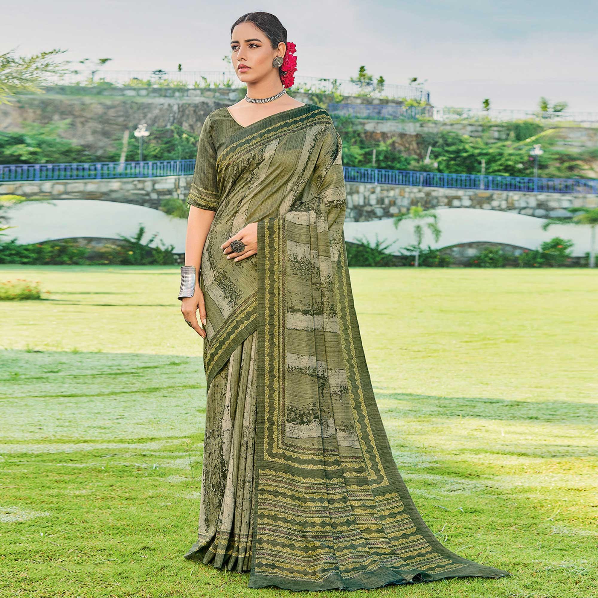 Mehendi Green Printed Cotton Silk Saree - Peachmode