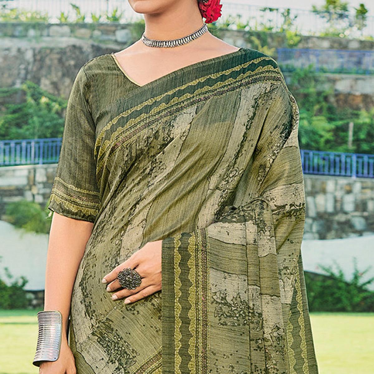Mehendi Green Printed Cotton Silk Saree - Peachmode