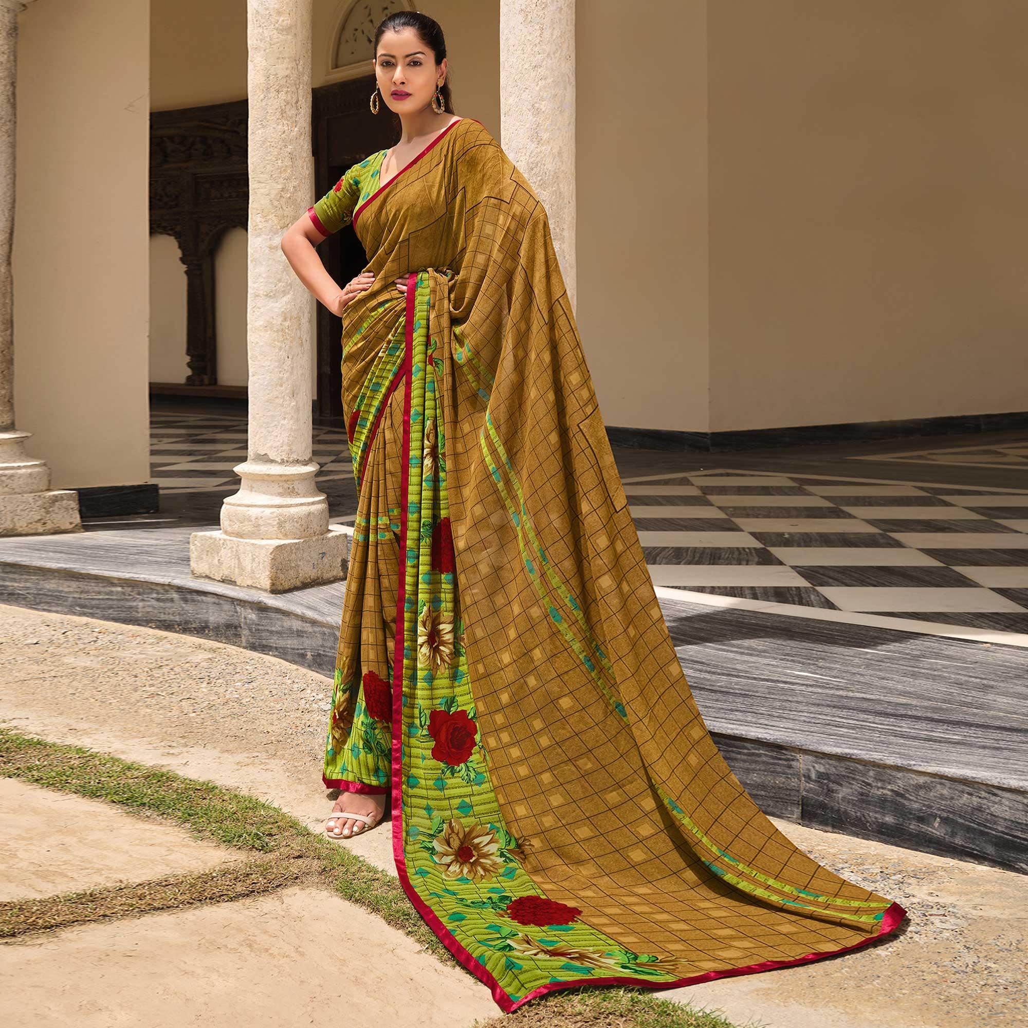 Mehendi Green Printed Georgette Saree - Peachmode