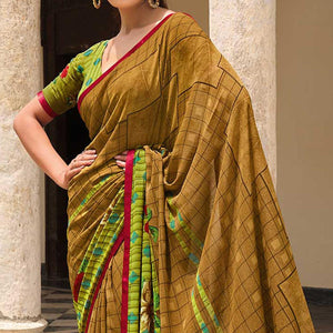 Mehendi Green Printed Georgette Saree - Peachmode
