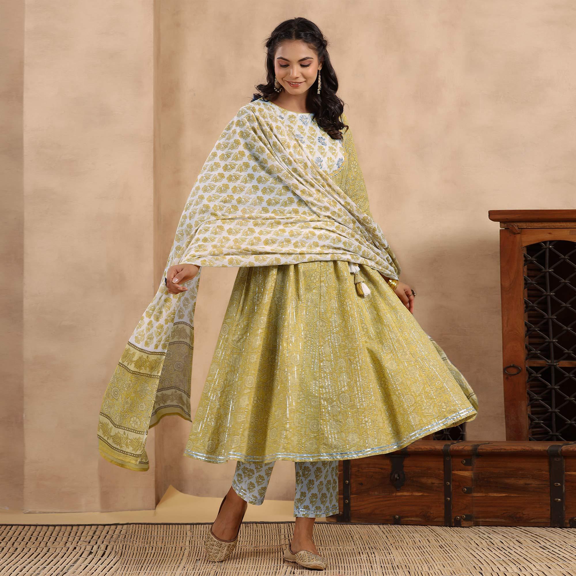 Mehendi Green Printed Pure Cotton Anarkali Suit - Peachmode