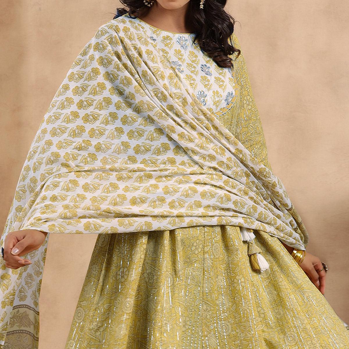 Mehendi Green Printed Pure Cotton Anarkali Suit - Peachmode