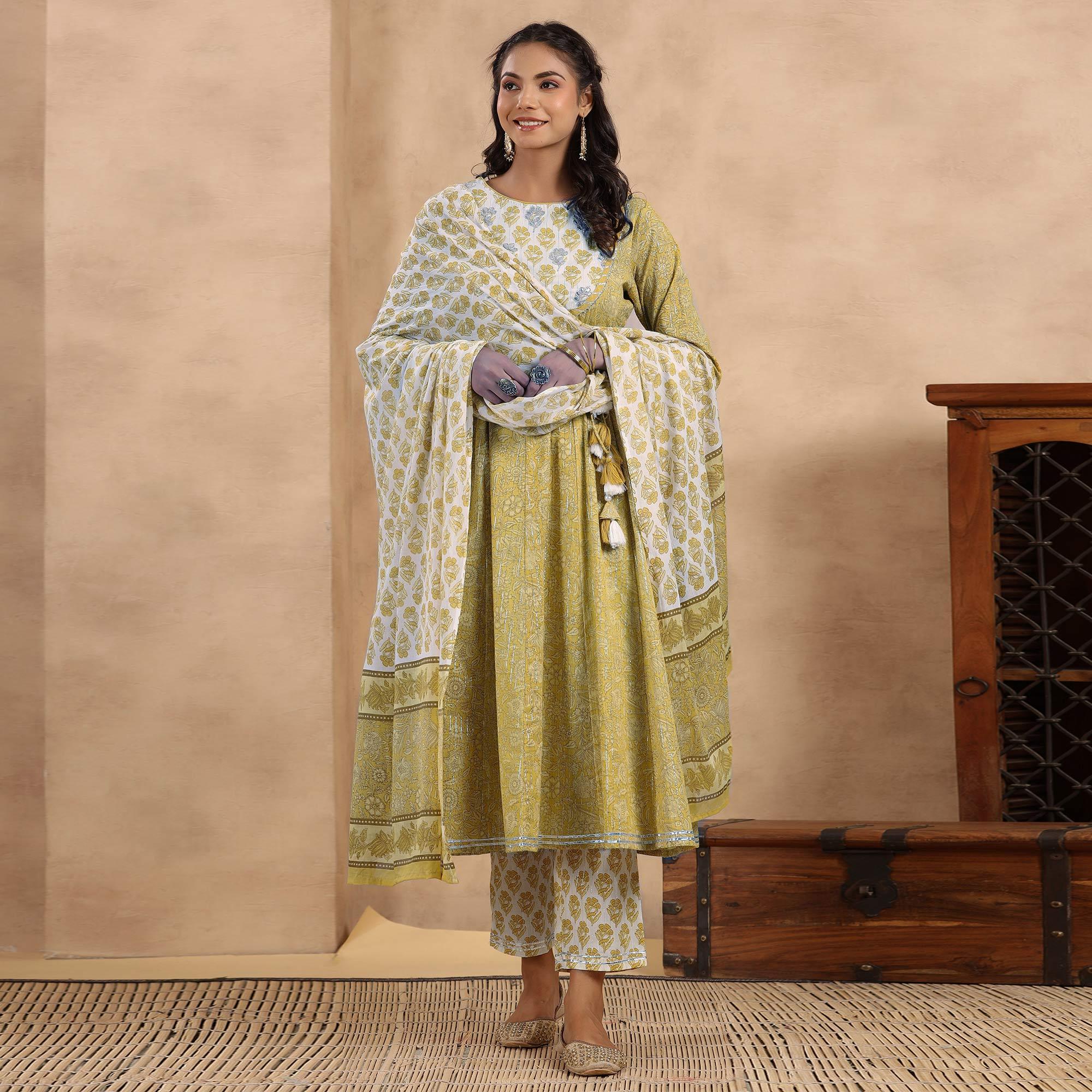 Mehendi Green Printed Pure Cotton Anarkali Suit - Peachmode