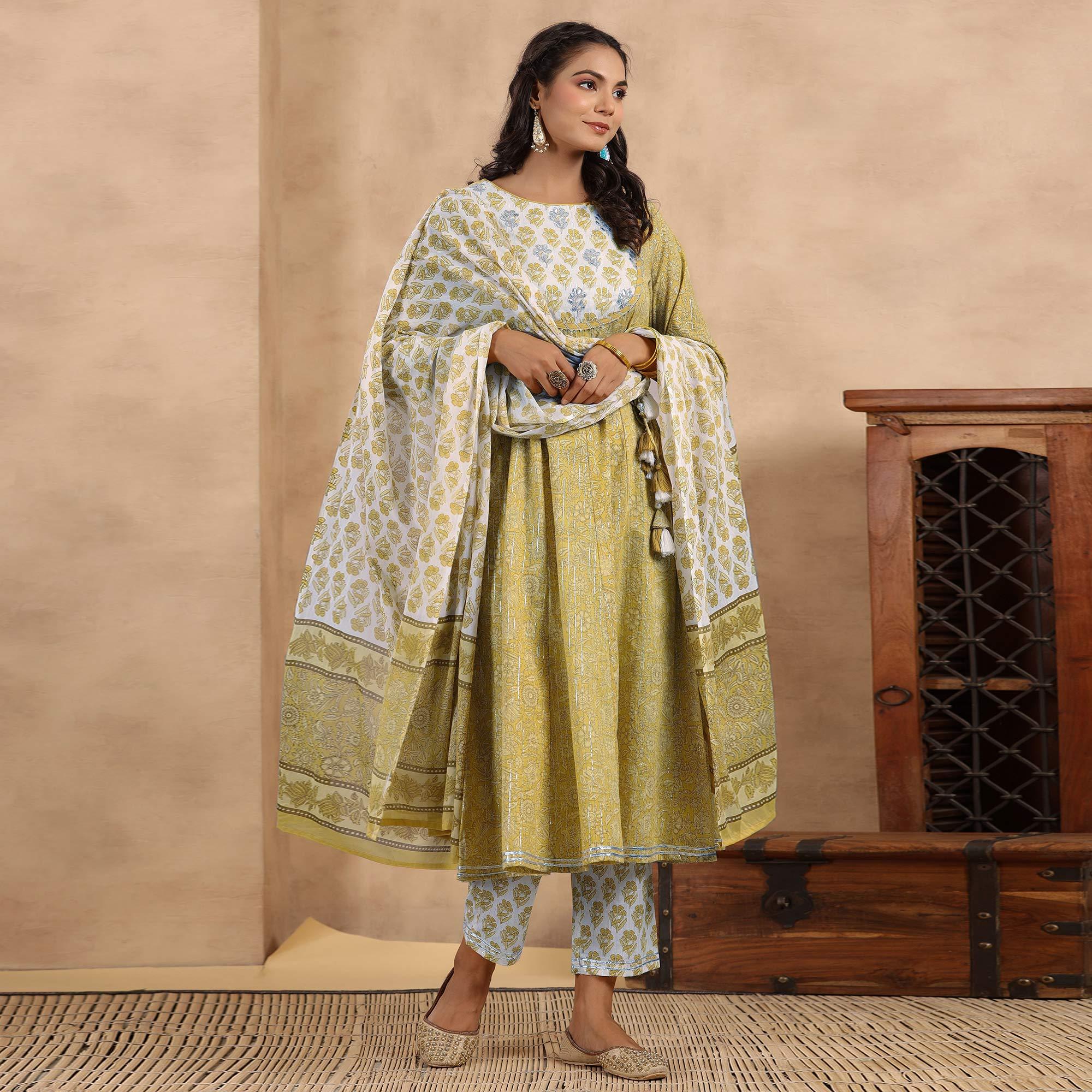 Mehendi Green Printed Pure Cotton Anarkali Suit - Peachmode