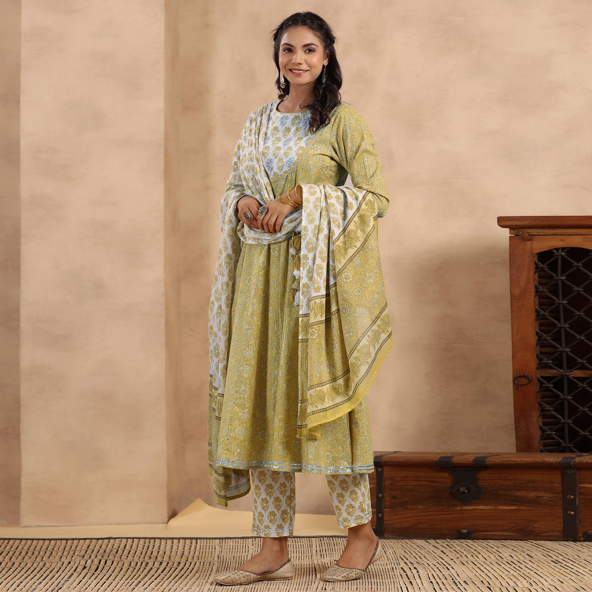 Mehendi Green Printed Pure Cotton Anarkali Suit - Peachmode