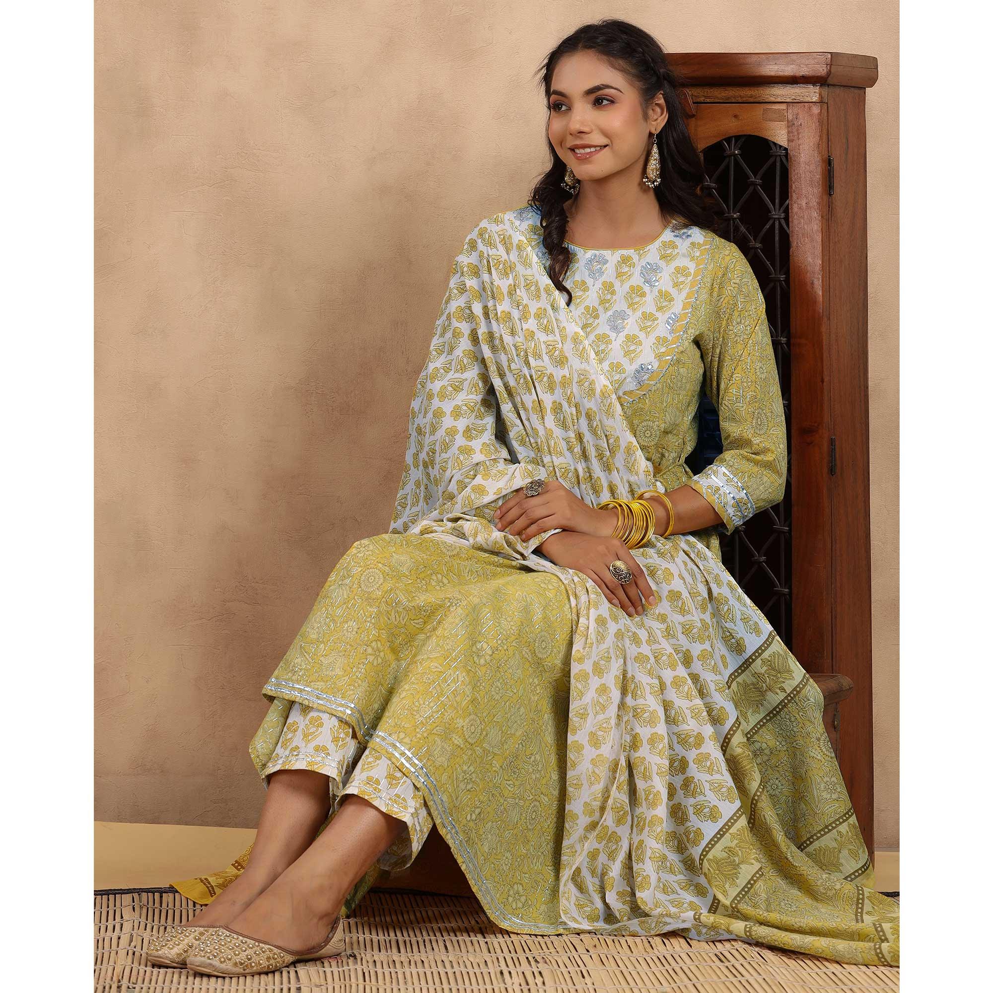 Mehendi Green Printed Pure Cotton Anarkali Suit - Peachmode