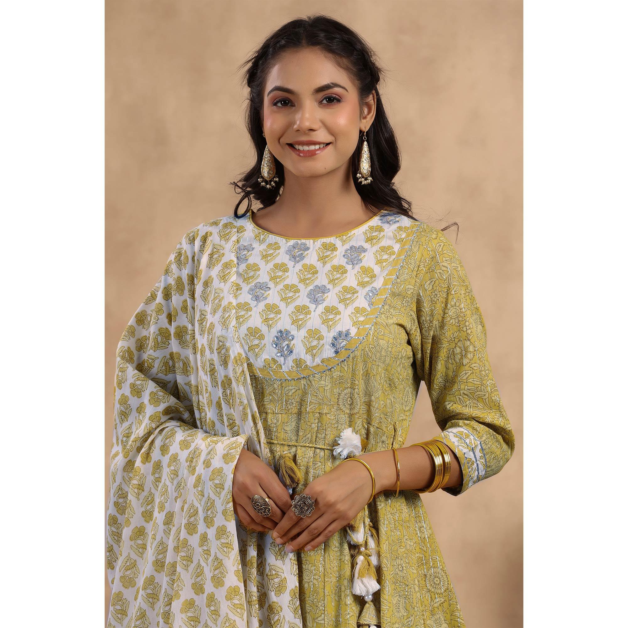 Mehendi Green Printed Pure Cotton Anarkali Suit - Peachmode