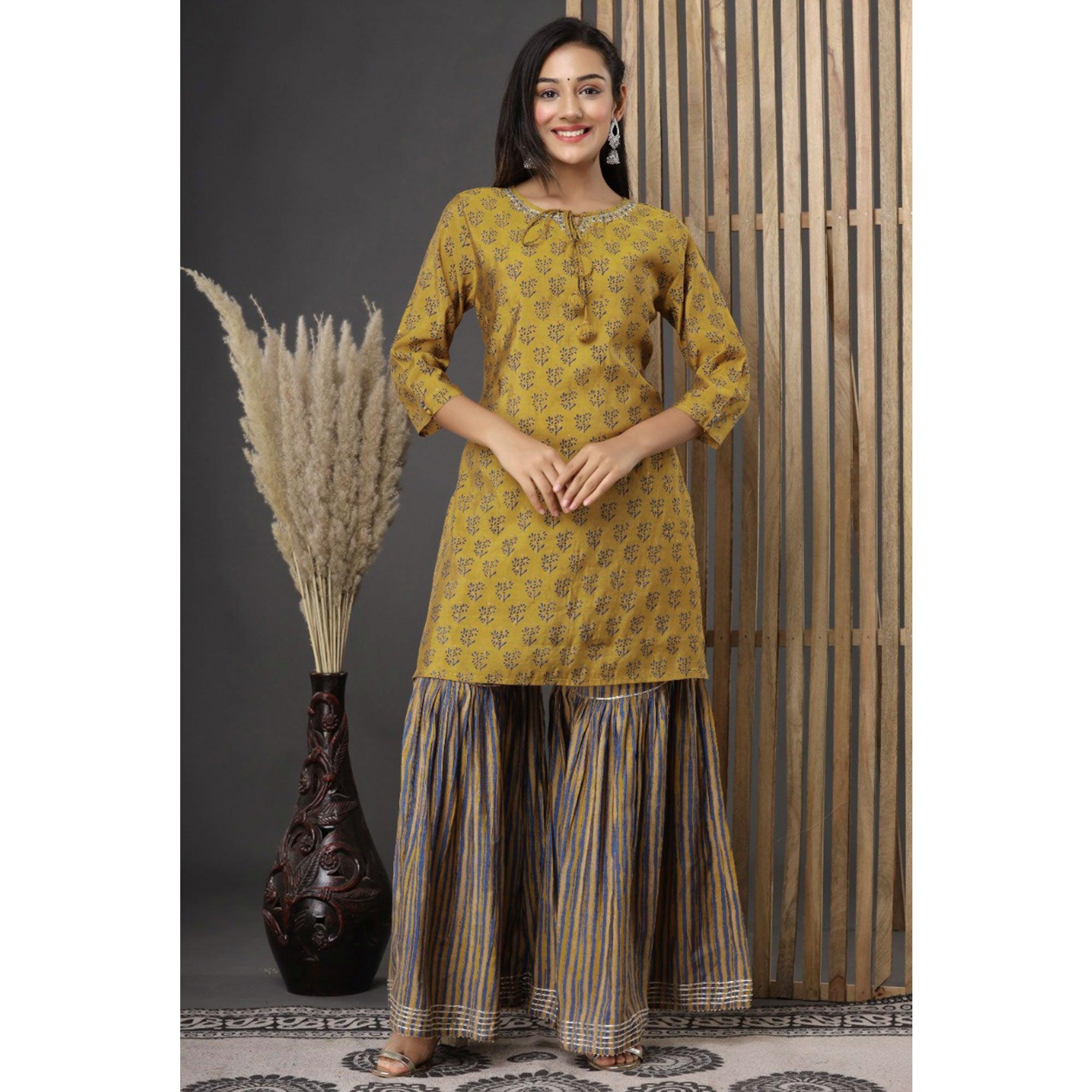 Mehendi Green Printed Pure Cotton Sharara Suit - Peachmode