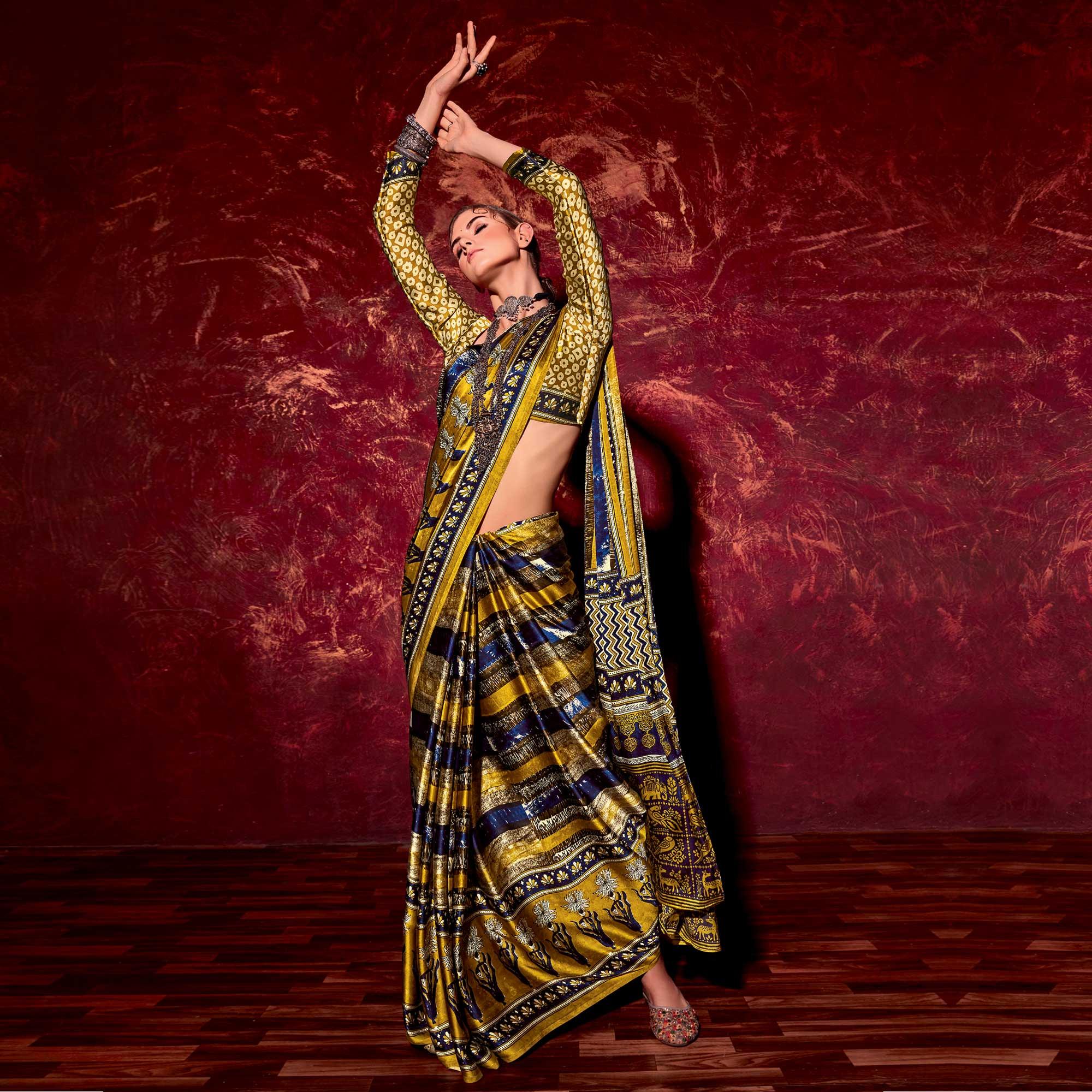 Mehendi Green Printed Satin Saree - Peachmode