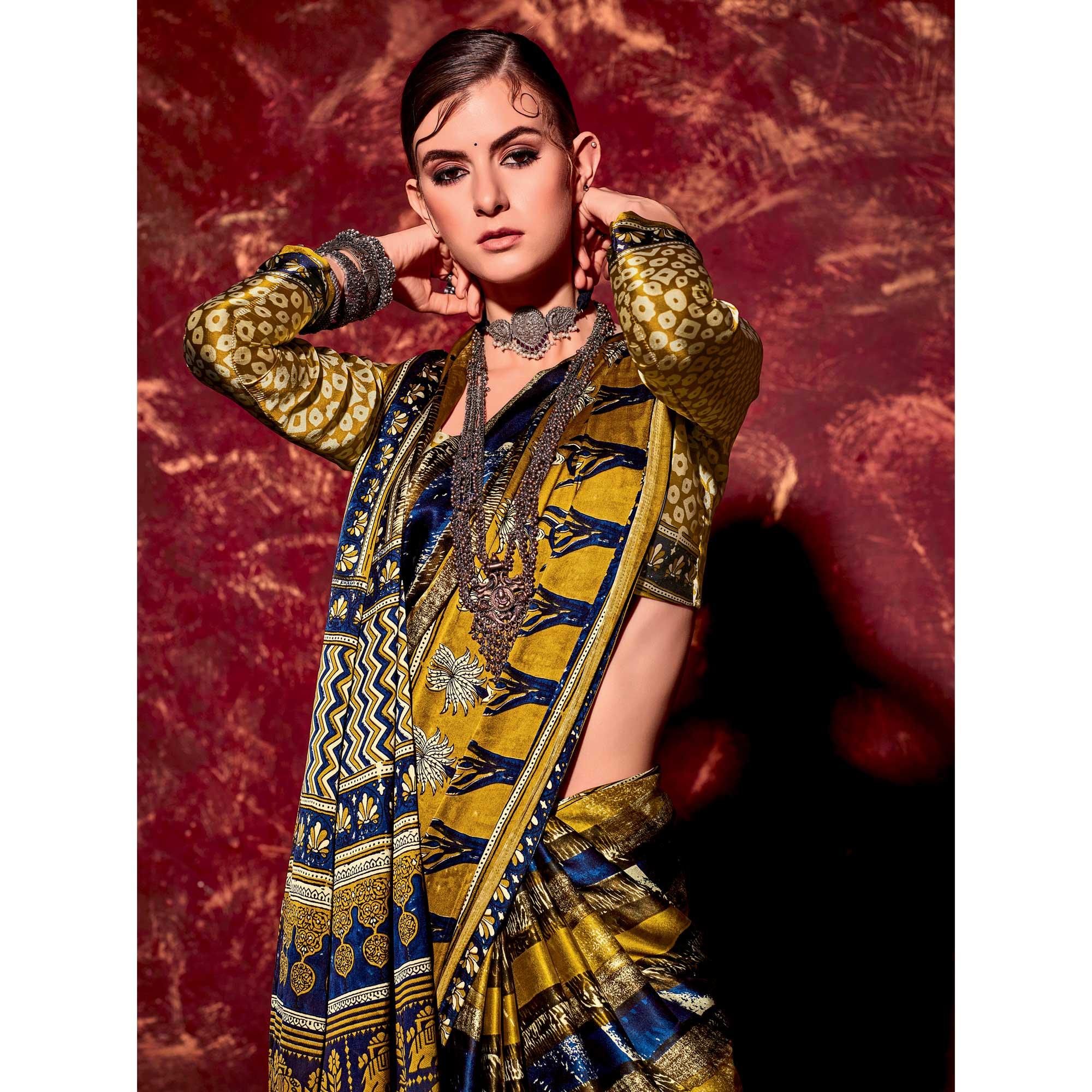 Mehendi Green Printed Satin Saree - Peachmode