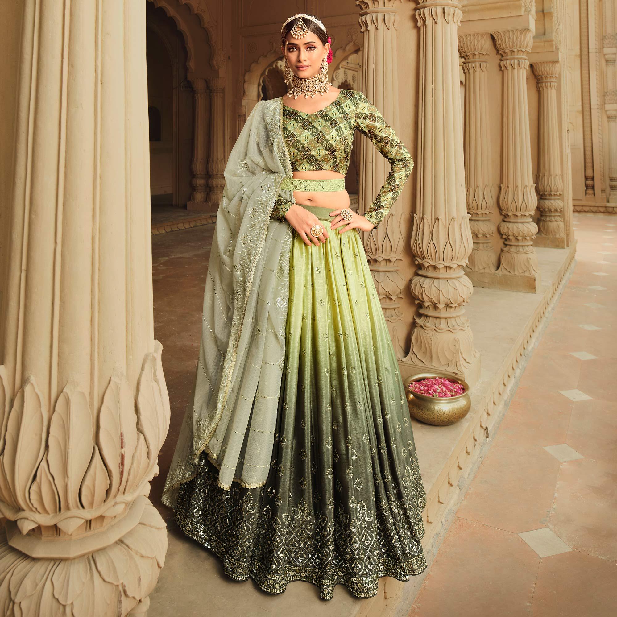 Mehendi Green Sequence Embroidered Art Silk Lehenga Choli - Peachmode