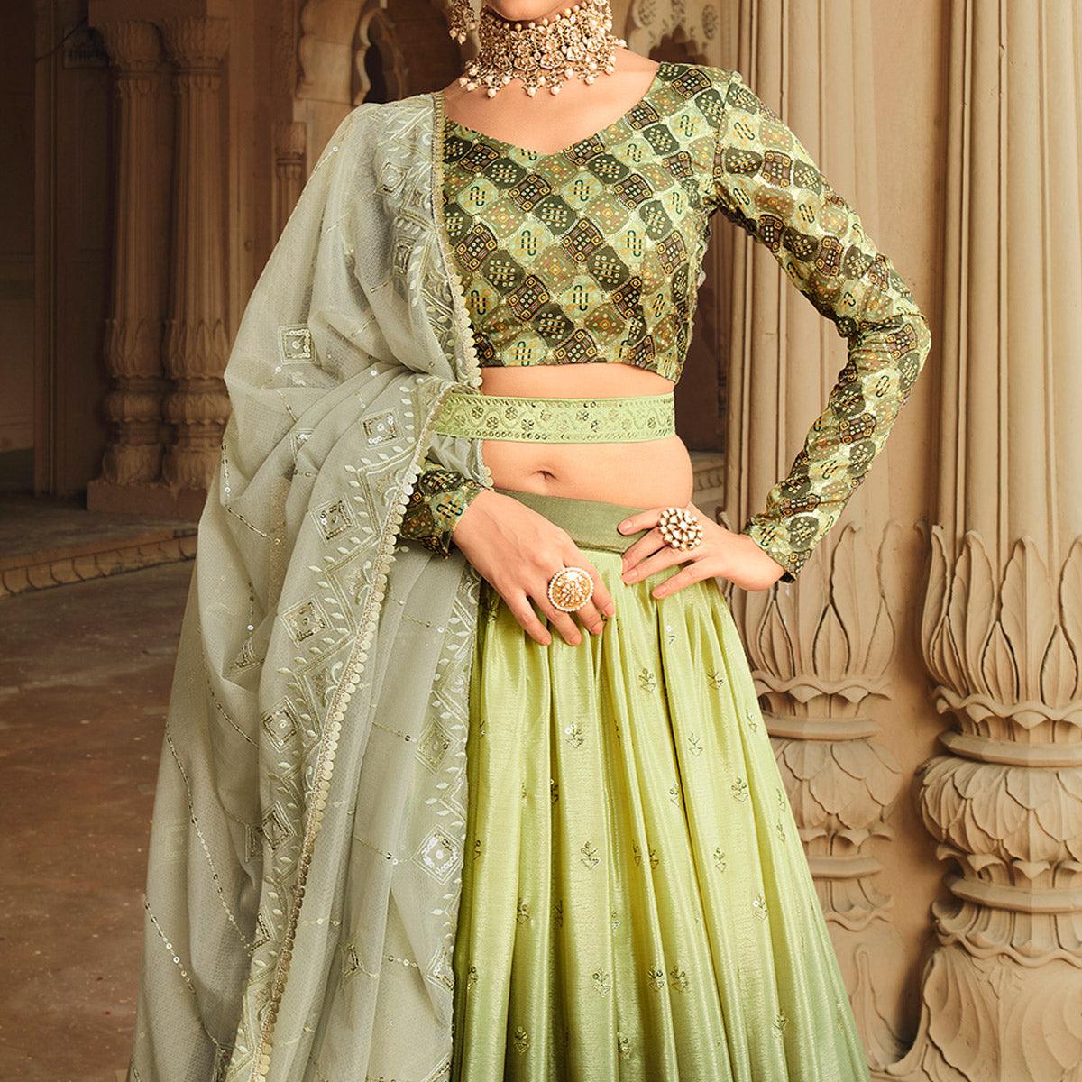 Mehendi Green Sequence Embroidered Art Silk Lehenga Choli - Peachmode