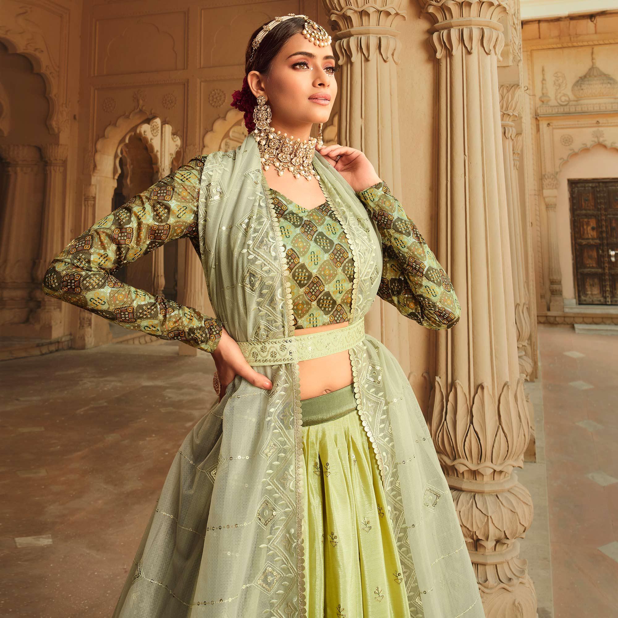 Mehendi Green Sequence Embroidered Art Silk Lehenga Choli - Peachmode