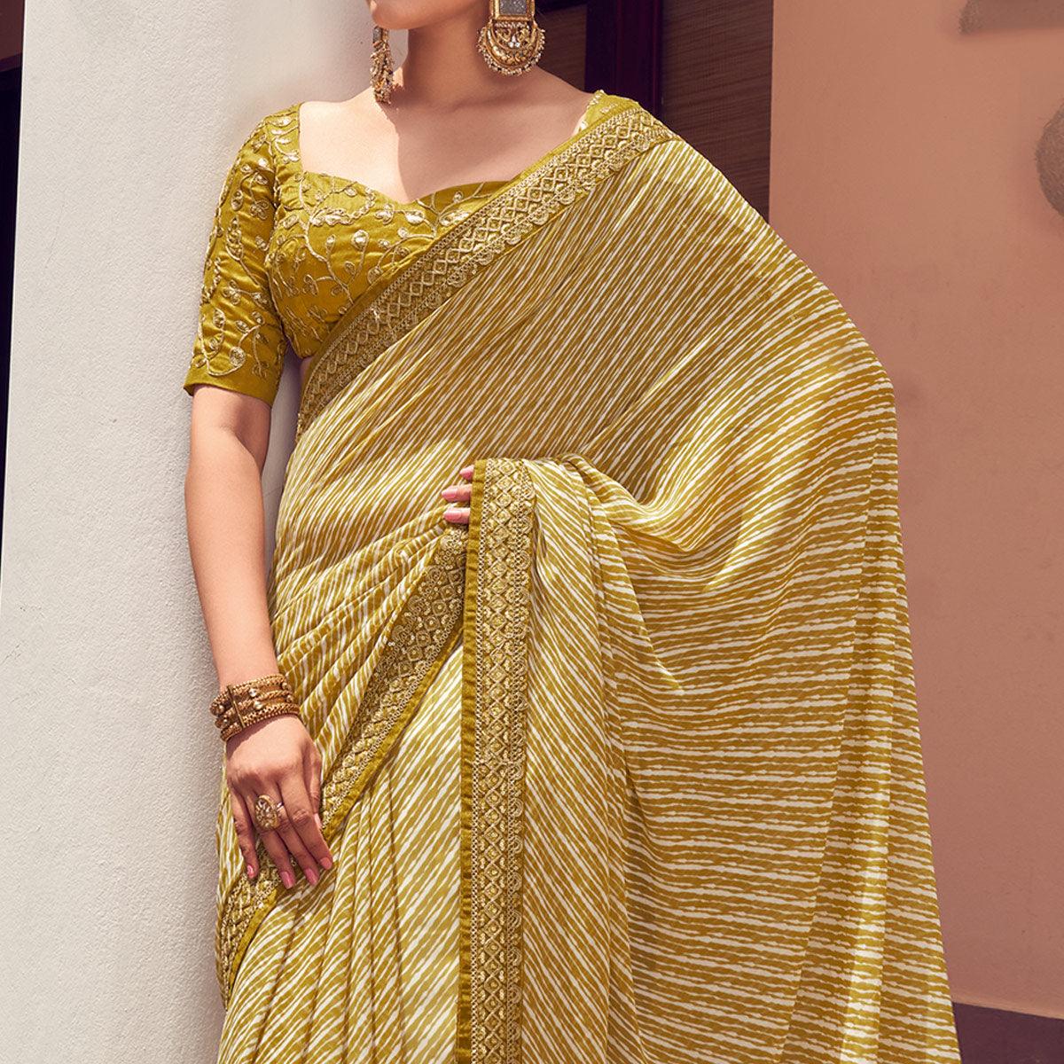 Mehendi Green Striped Printed Georgette Saree - Peachmode