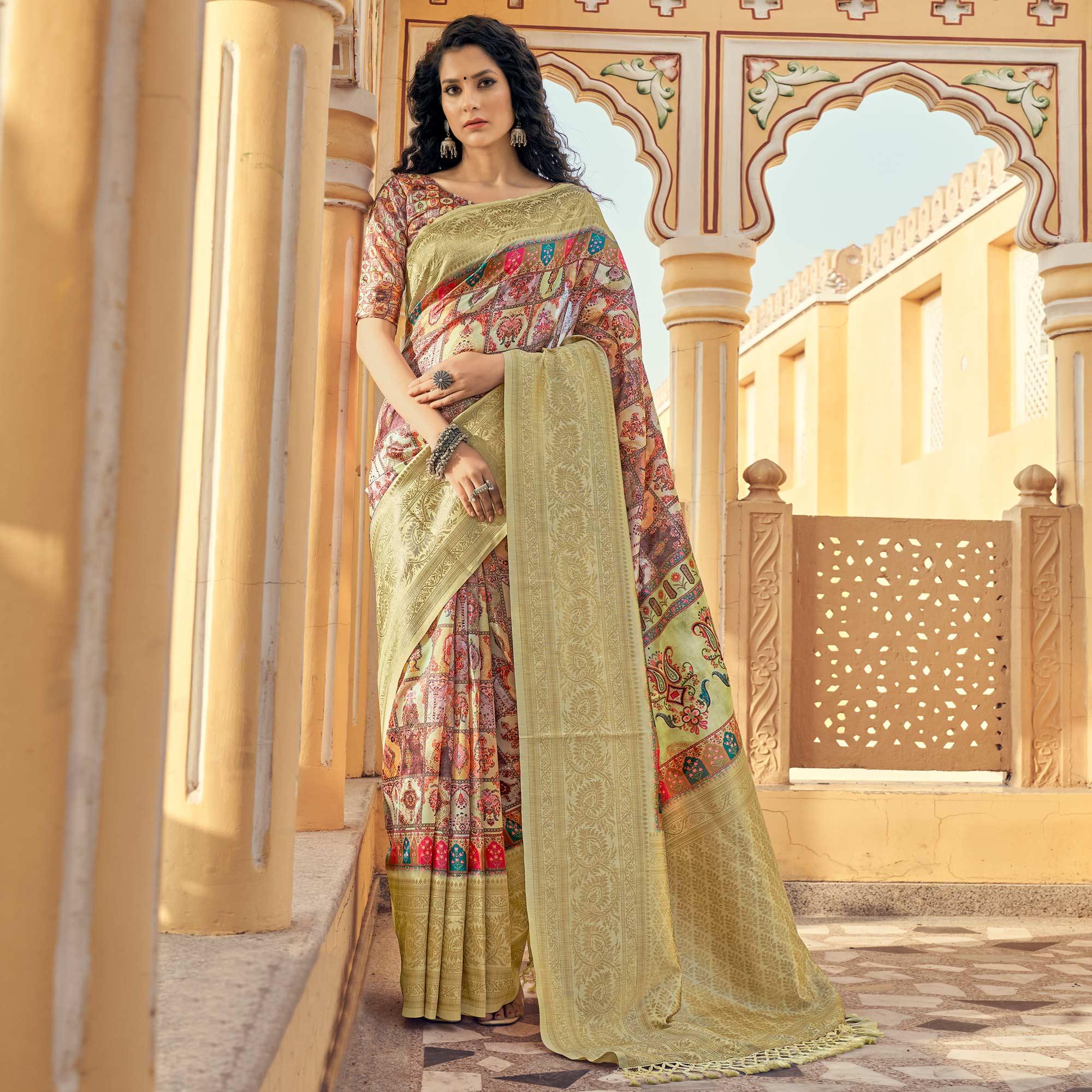 Mehendi Party Wear Digital Print Art Silk Saree With Tassels - Peachmode