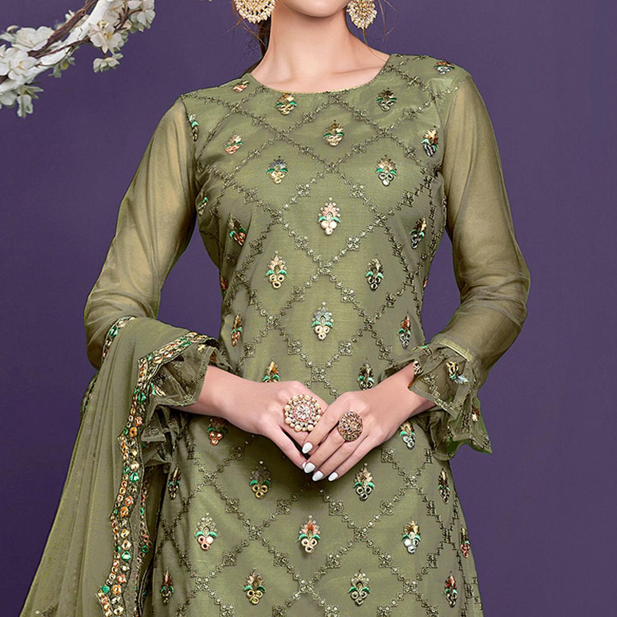 Mehendi Sequence Embroidered Netted Sharara Suit - Peachmode