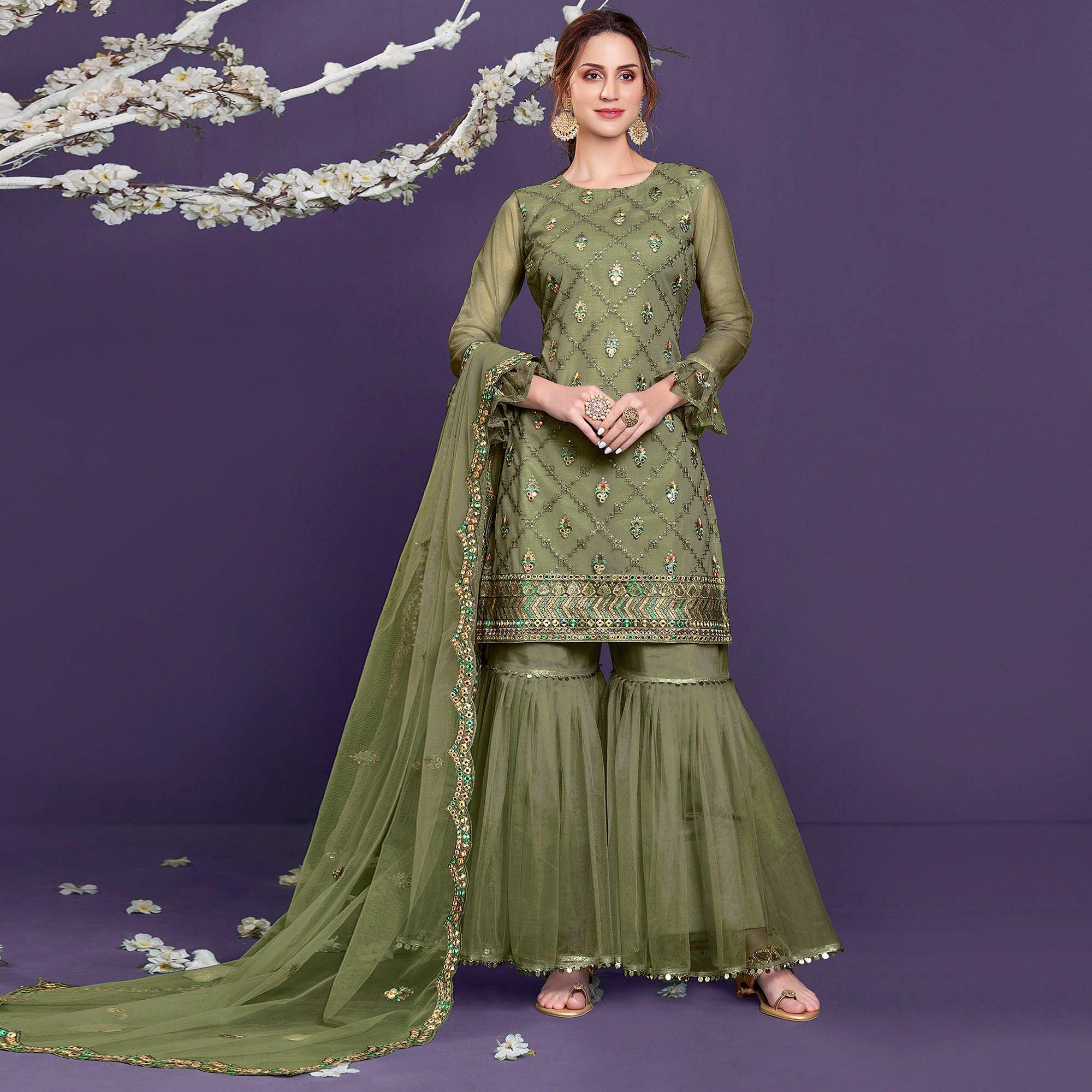 Mehendi Sequence Embroidered Netted Sharara Suit - Peachmode