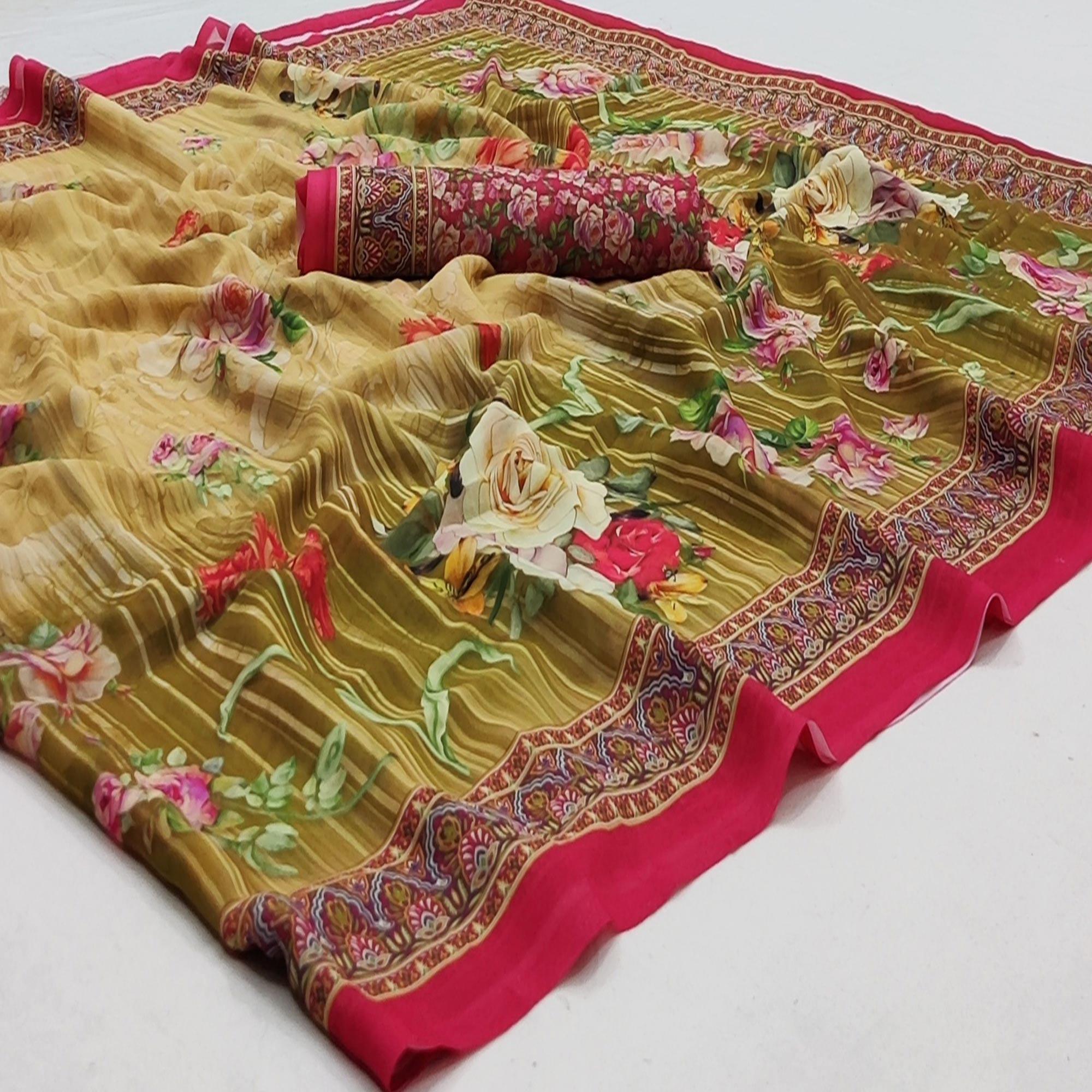 Mehndi Green Casual Wear Floral Digital Printed Georgette Saree - Peachmode