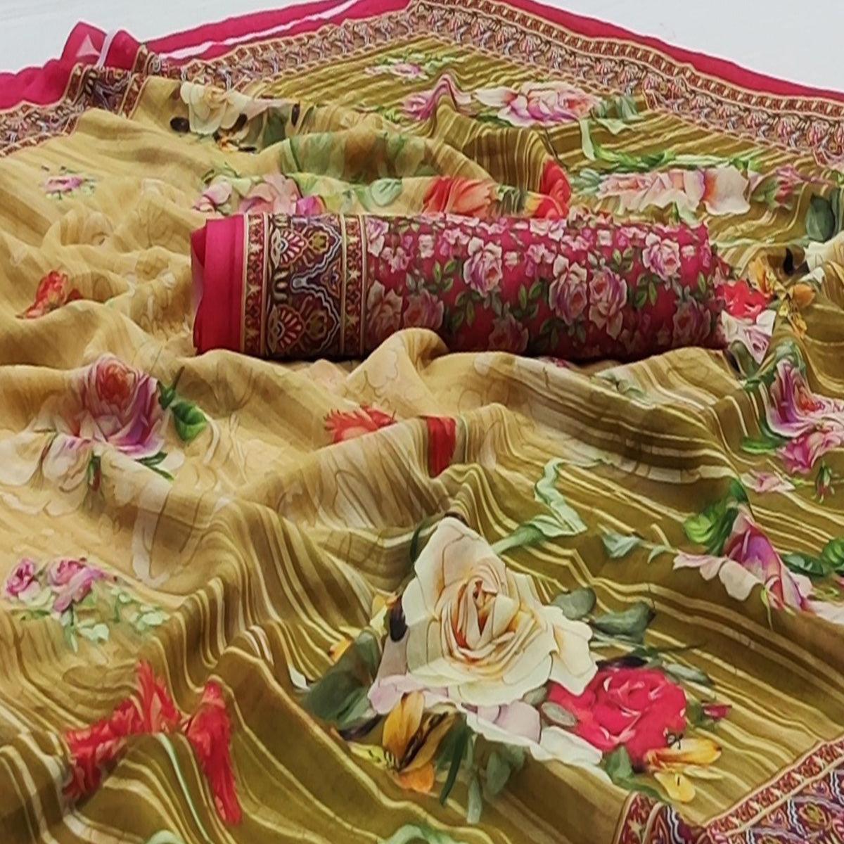 Mehndi Green Casual Wear Floral Digital Printed Georgette Saree - Peachmode