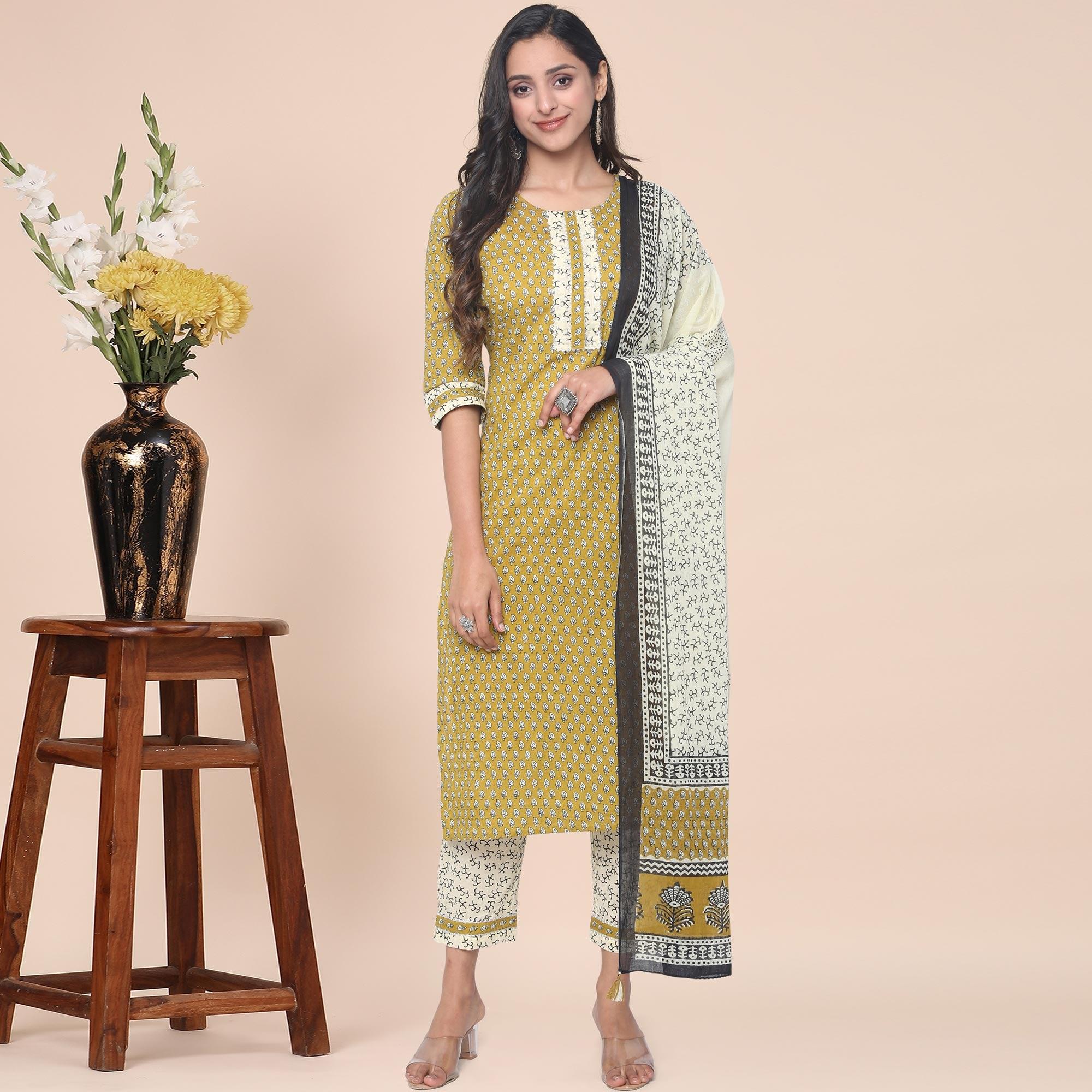 Mehndi Green Casual Wear Printed With Gota Patti Cotton Kurti Pant Set With Dupatta - Peachmode