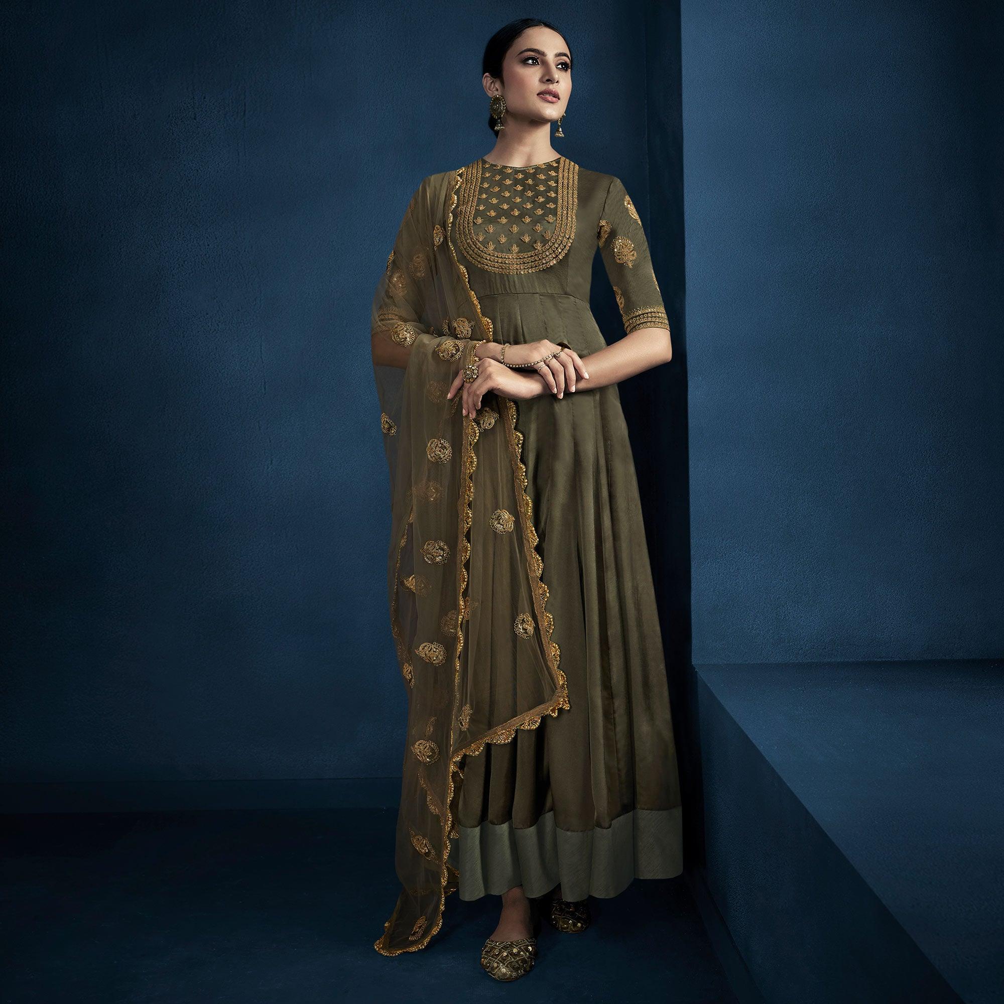 Mehndi Green Cording With Sequence Embroidery Georgette Partywear Suit - Peachmode