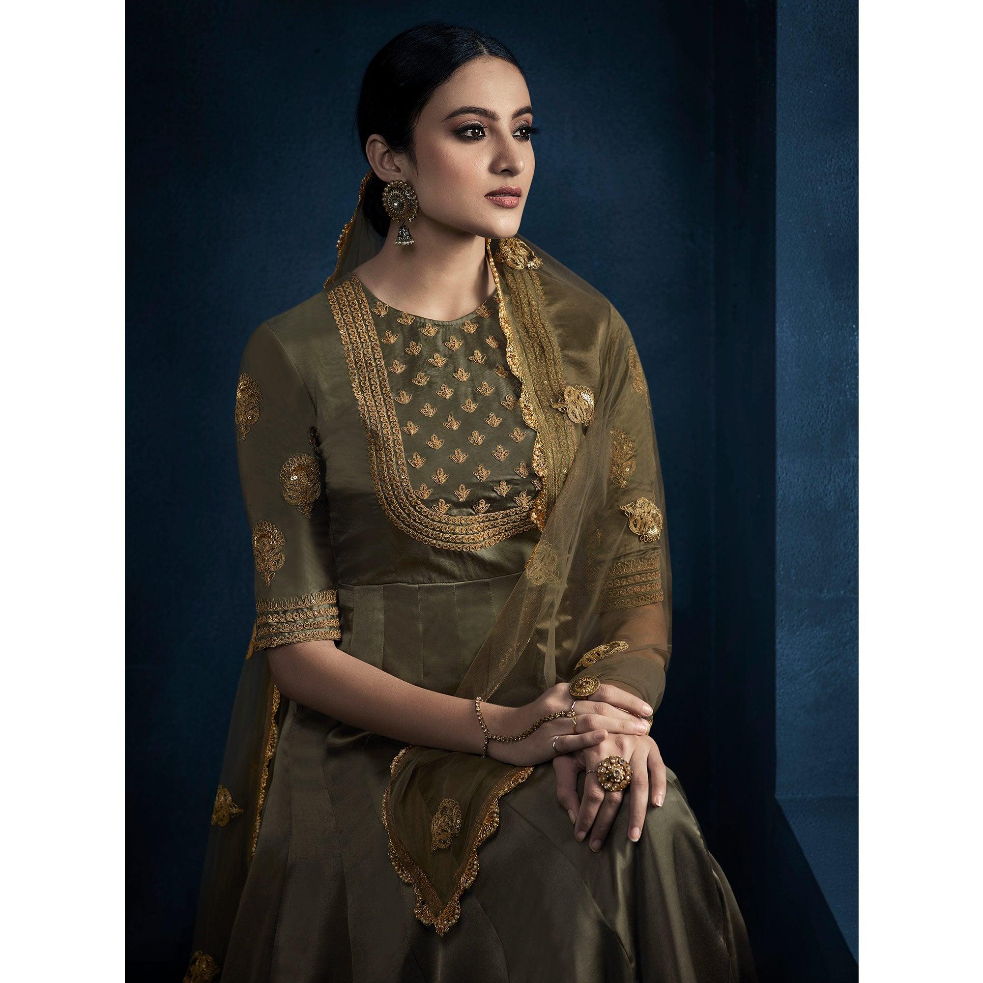 Mehndi Green Cording With Sequence Embroidery Georgette Partywear Suit - Peachmode