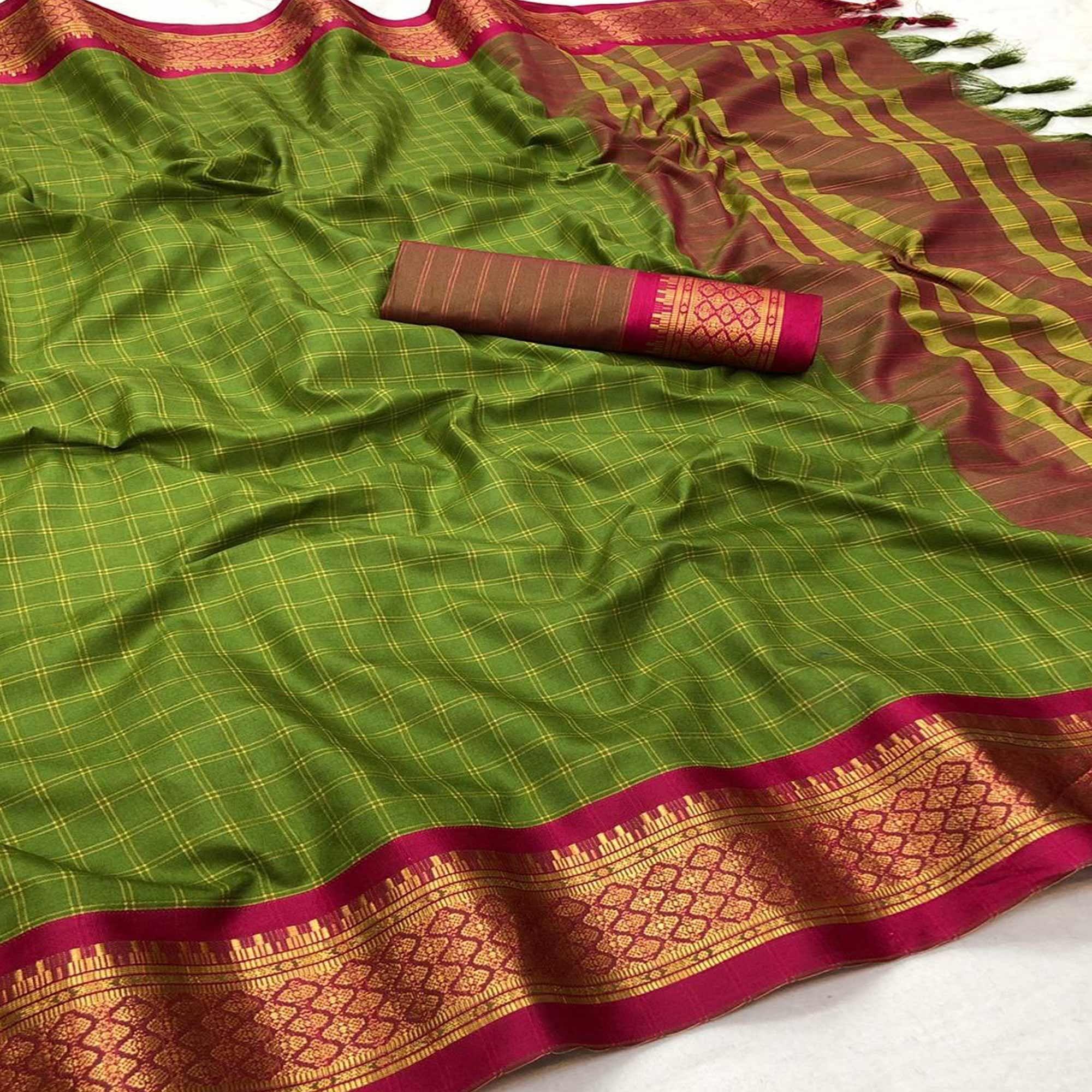 Mehndi Green Festive Wear Checks With Woven Border Cotton Silk Saree - Peachmode