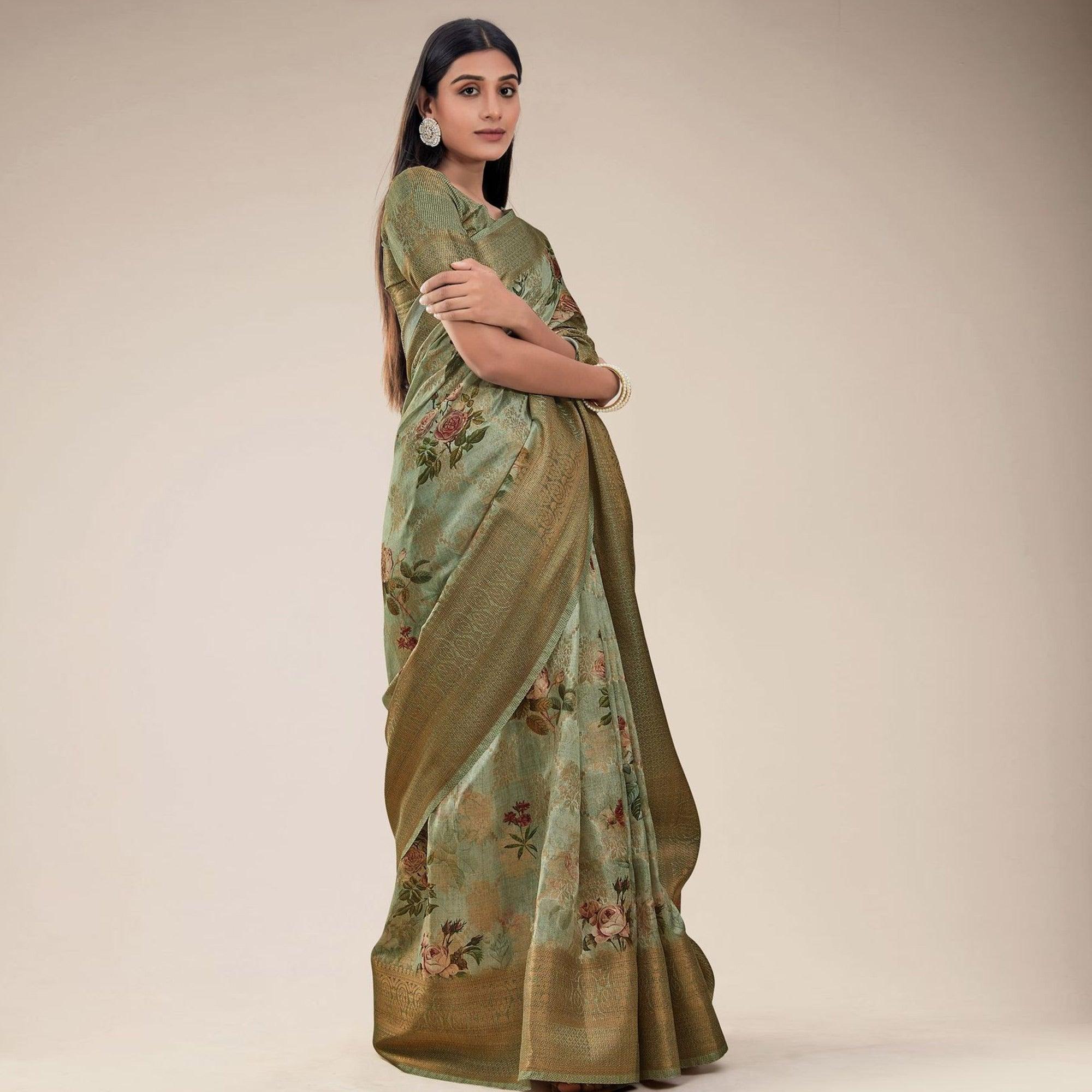 Mehndi Green Festive Wear Floral Printed Jacquard Designer Handloom Silk Saree - Peachmode