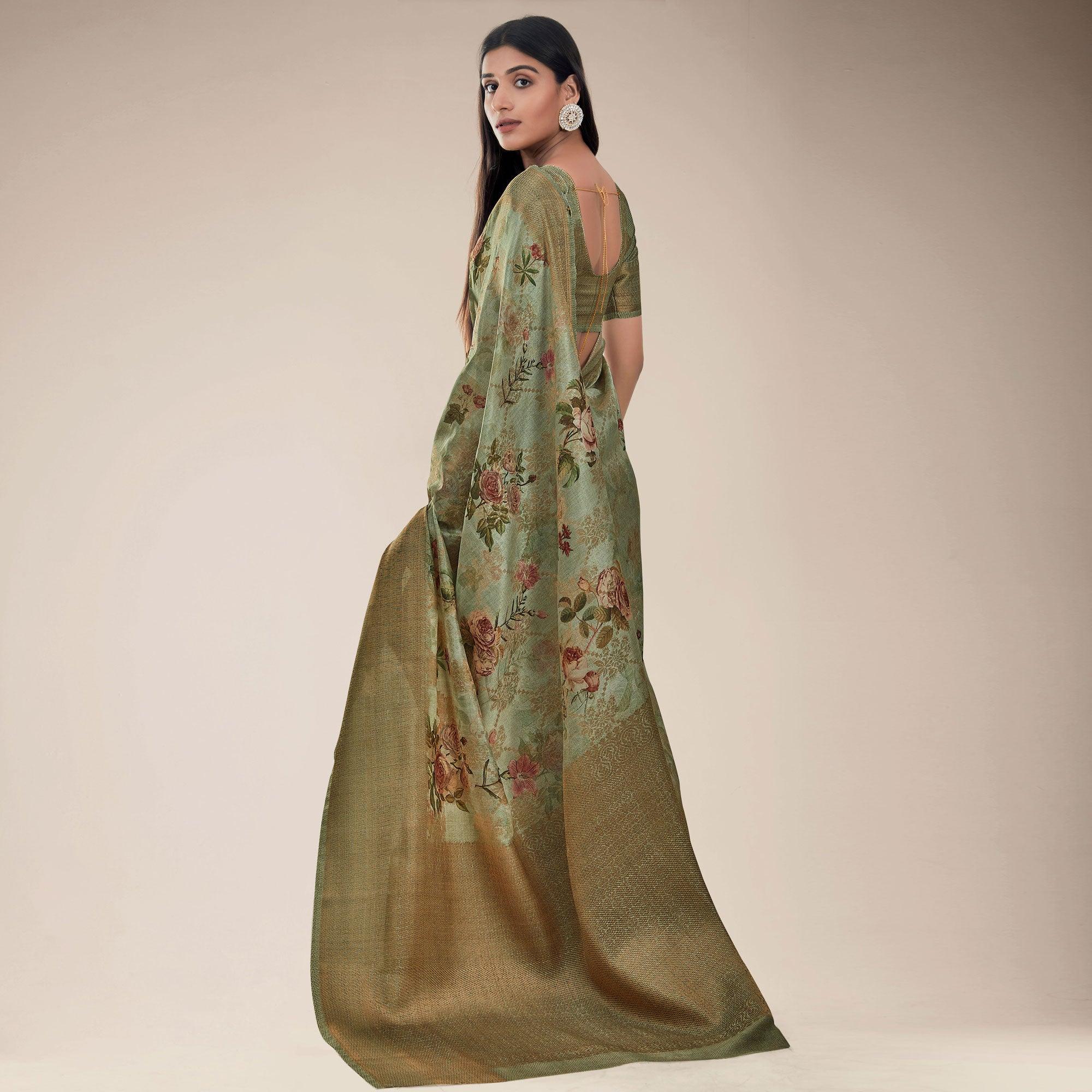 Mehndi Green Festive Wear Floral Printed Jacquard Designer Handloom Silk Saree - Peachmode