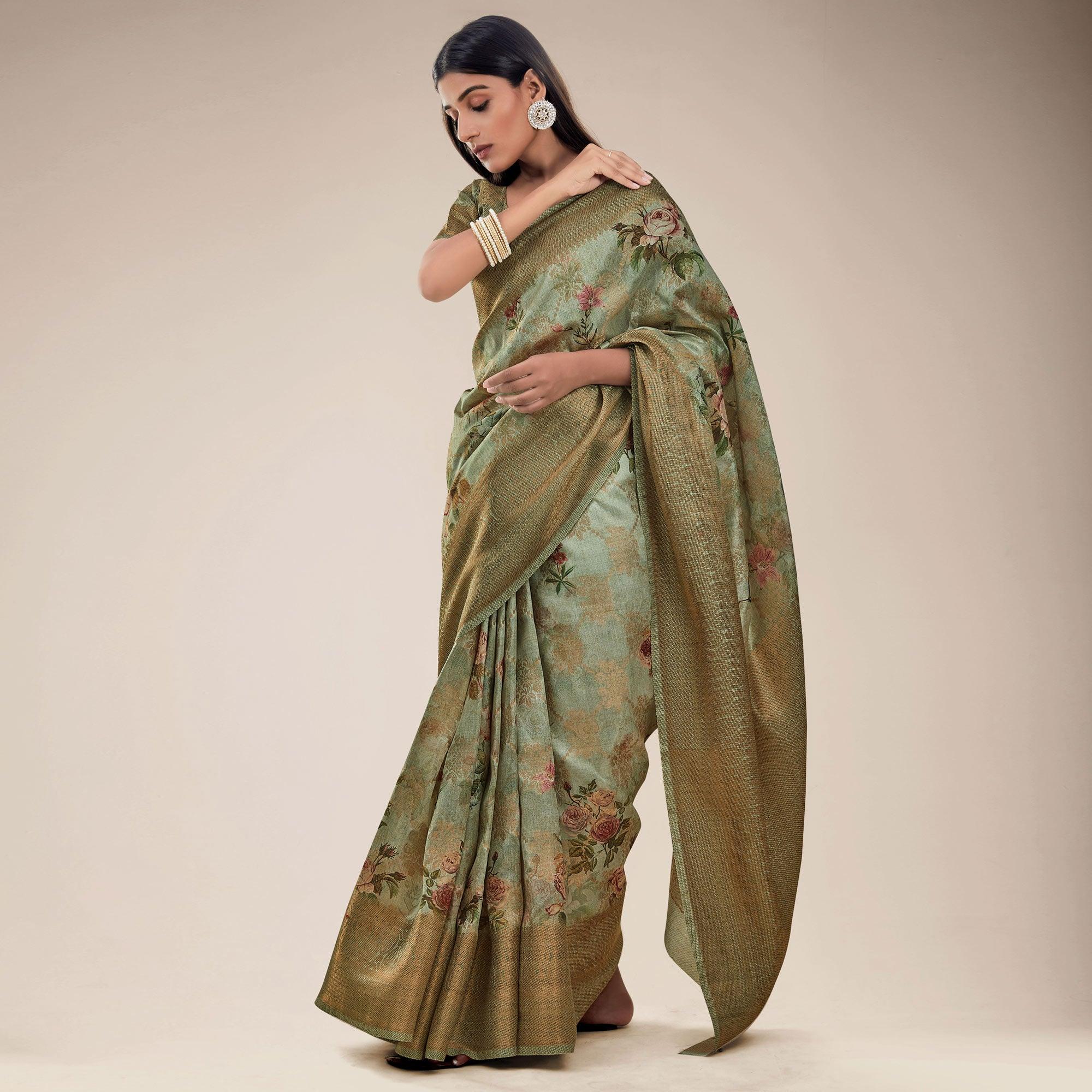 Mehndi Green Festive Wear Floral Printed Jacquard Designer Handloom Silk Saree - Peachmode
