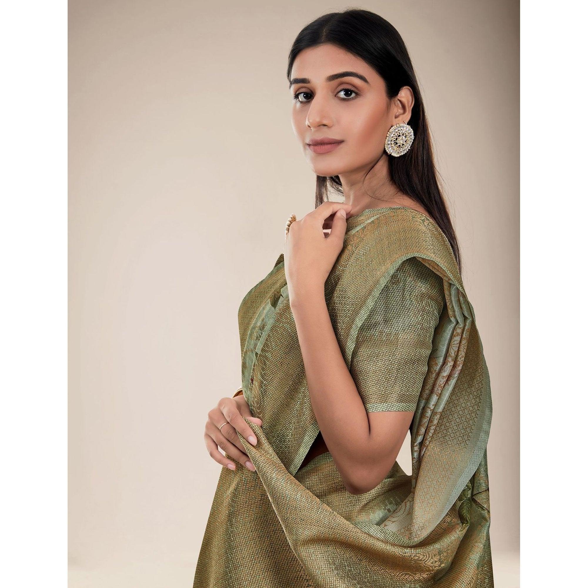 Mehndi Green Festive Wear Floral Printed Jacquard Designer Handloom Silk Saree - Peachmode