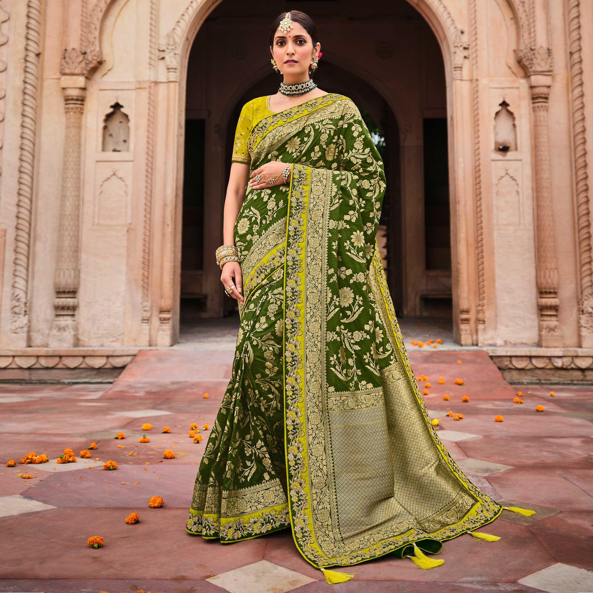 Mehndi Green Festive Wear Woven With Zari & Diamond Work Banarasi Silk Saree - Peachmode