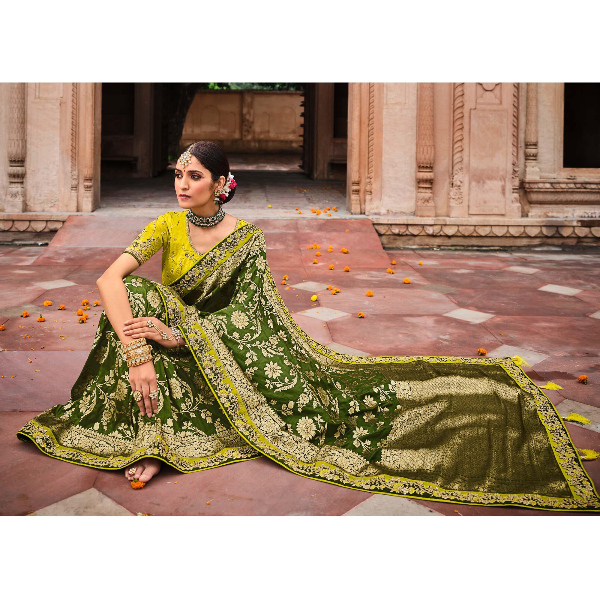 Mehndi Green Festive Wear Woven With Zari & Diamond Work Banarasi Silk Saree - Peachmode