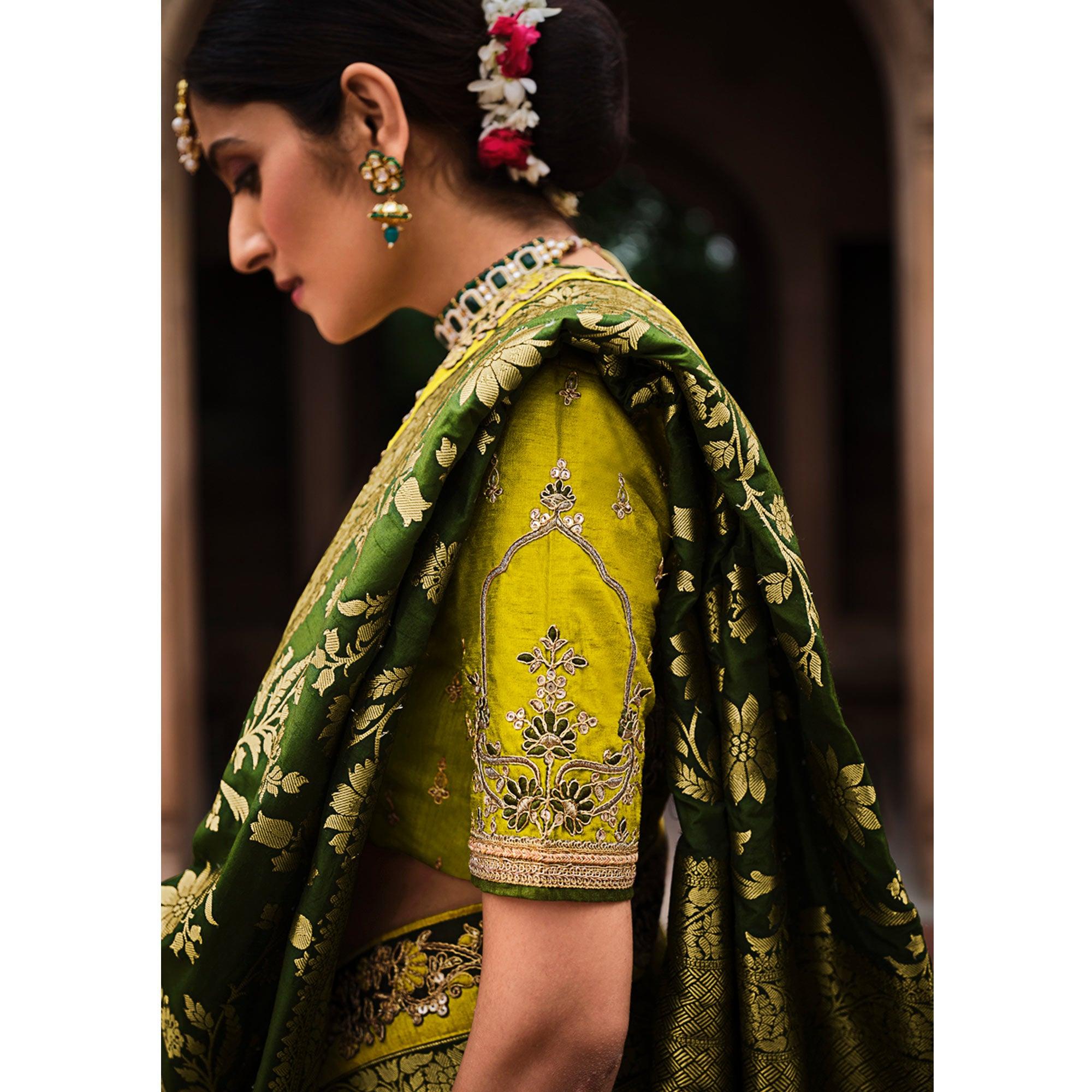 Mehndi Green Festive Wear Woven With Zari & Diamond Work Banarasi Silk Saree - Peachmode