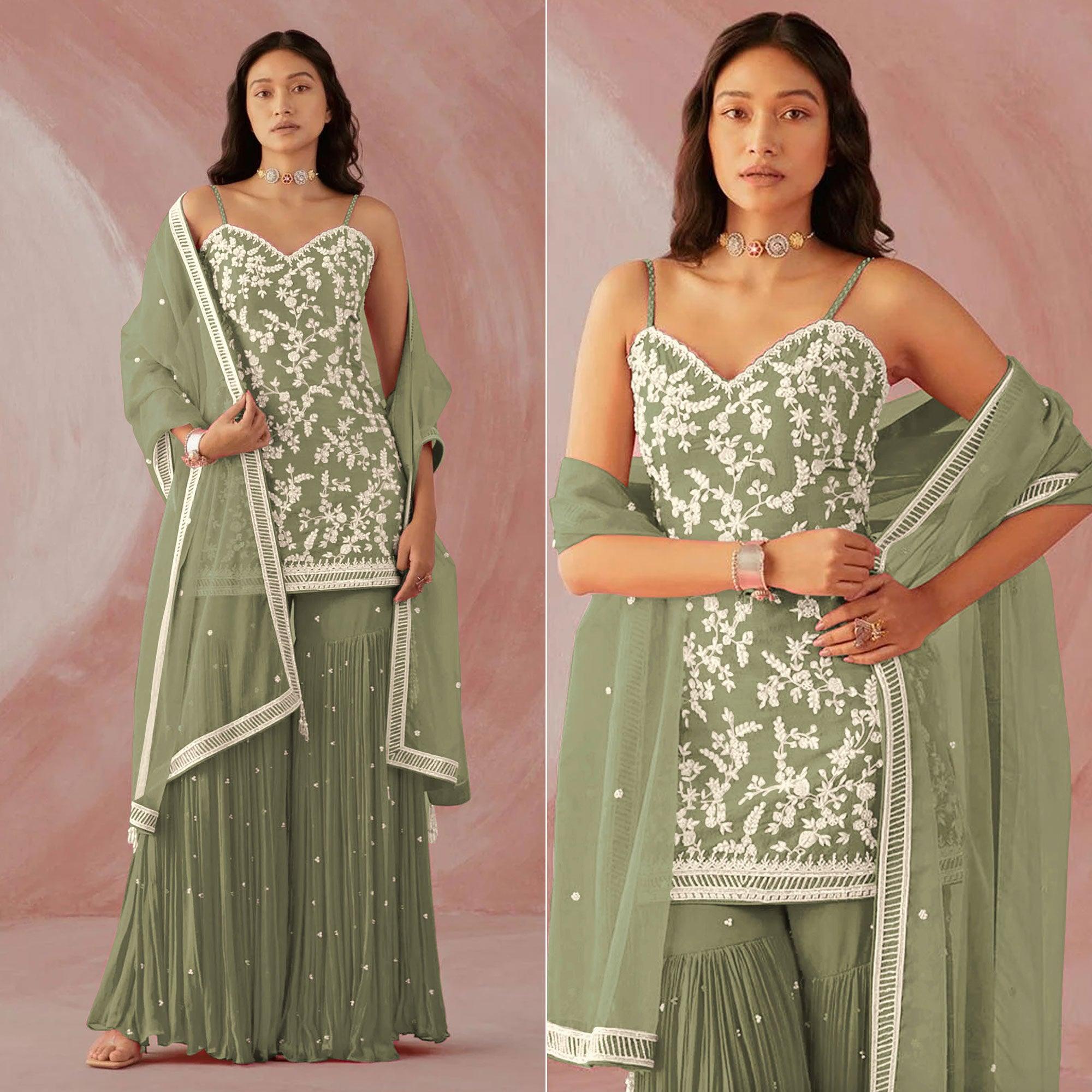 Mehndi Green Floral Sequence Embroidered Georgette Sharara Suit - Peachmode