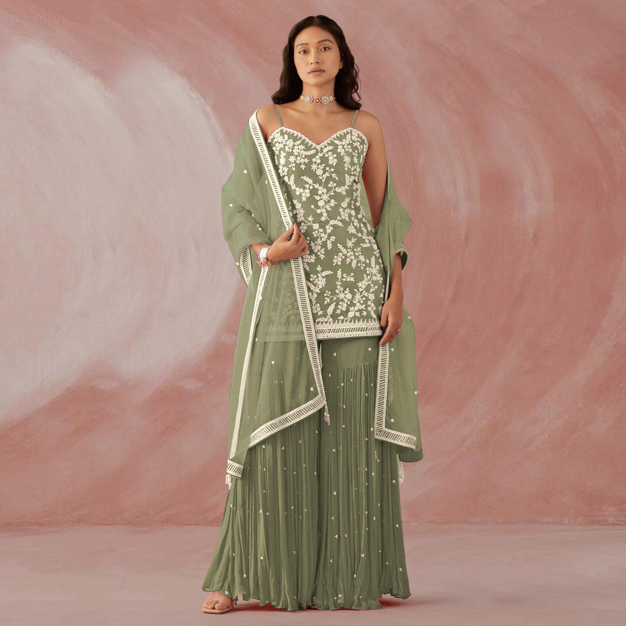 Mehndi Green Floral Sequence Embroidered Georgette Sharara Suit - Peachmode