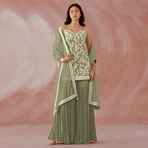 Mehndi Green Floral Sequence Embroidered Georgette Sharara Suit - Peachmode