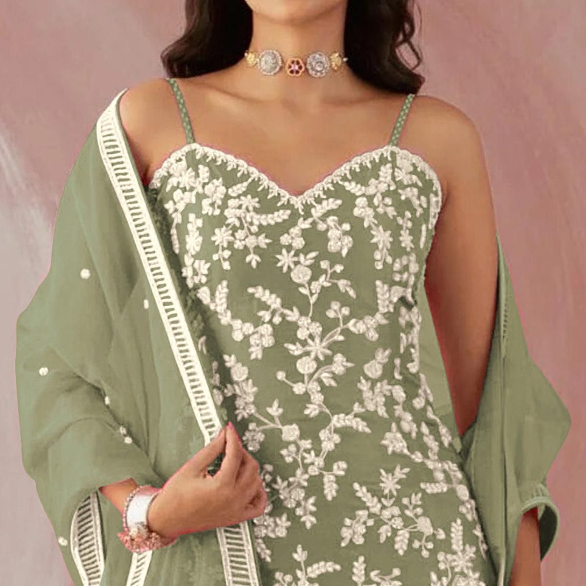 Mehndi Green Floral Sequence Embroidered Georgette Sharara Suit - Peachmode
