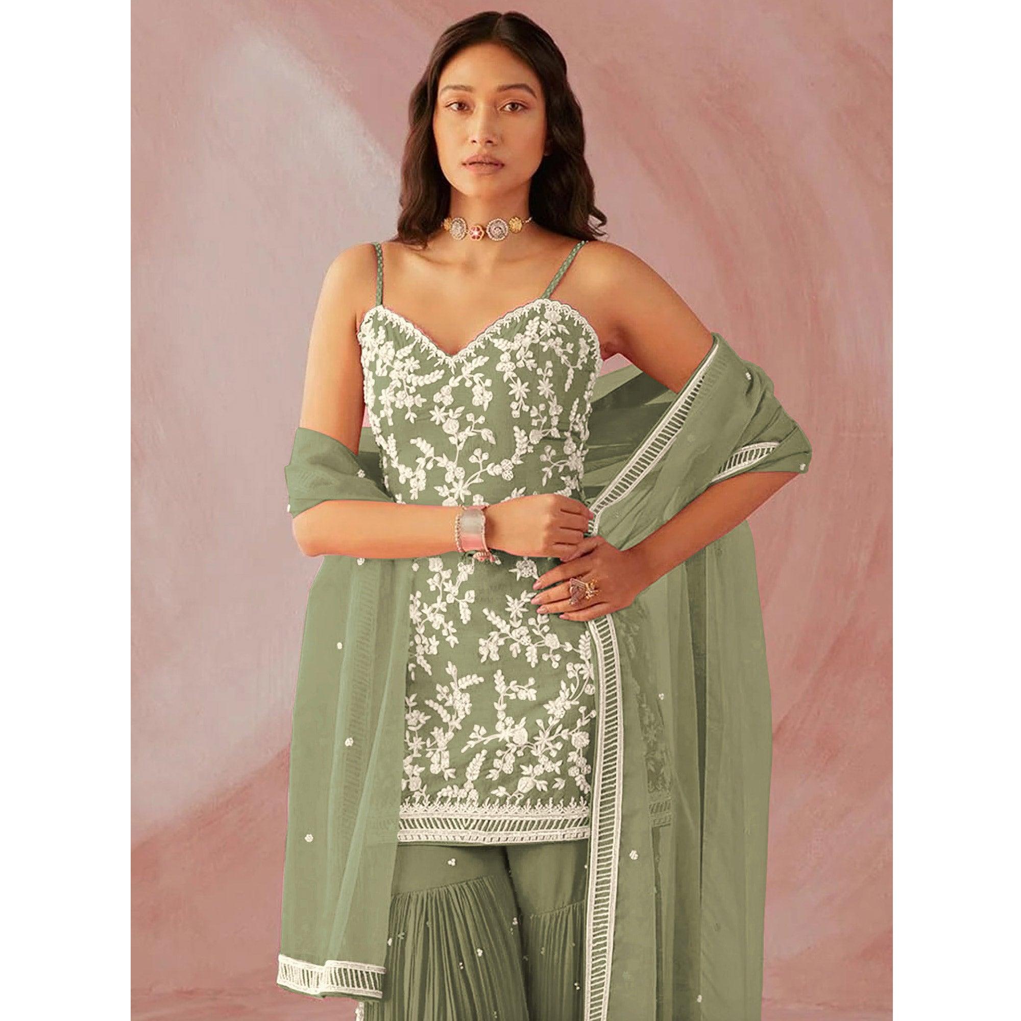 Mehndi Green Floral Sequence Embroidered Georgette Sharara Suit - Peachmode
