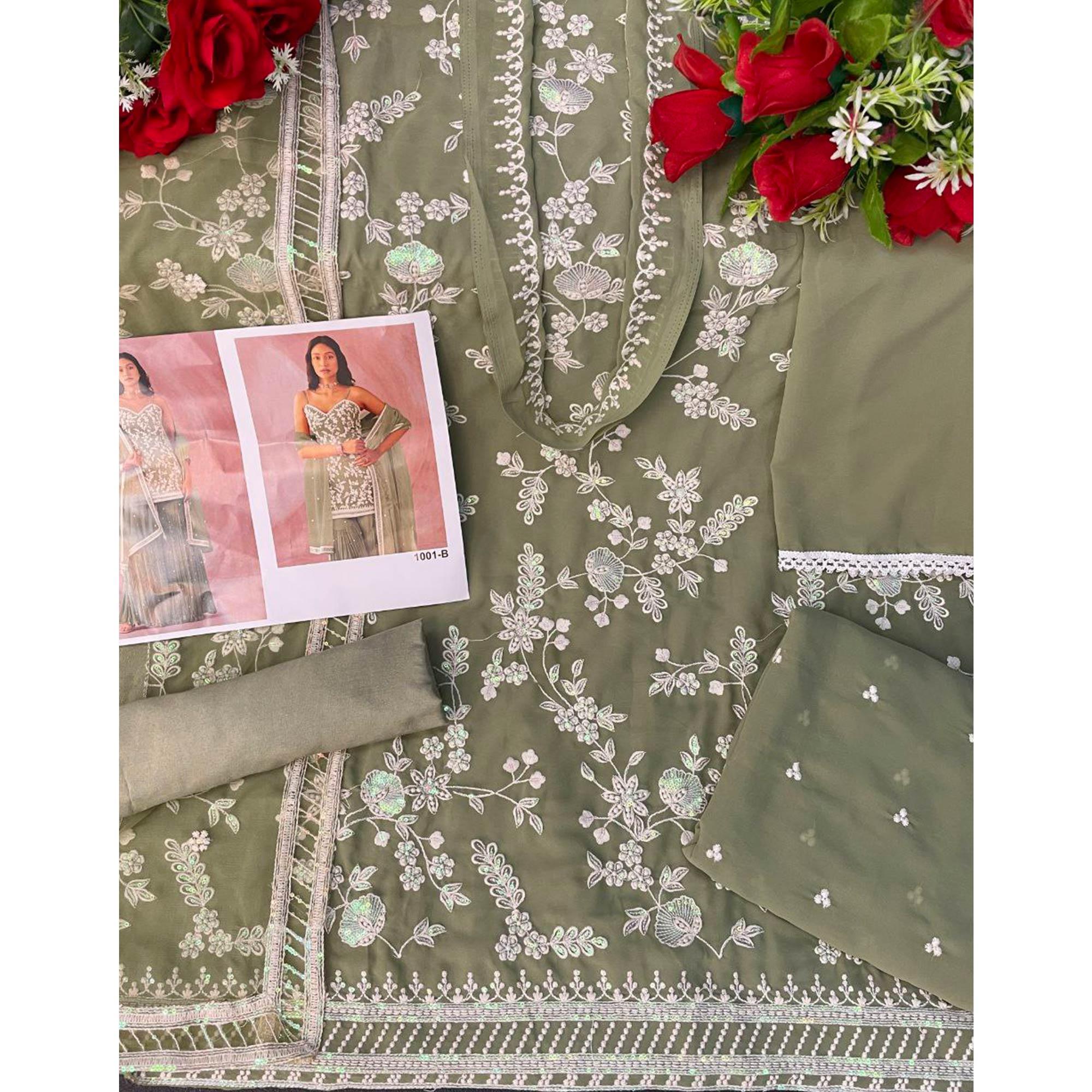 Mehndi Green Floral Sequence Embroidered Georgette Sharara Suit - Peachmode