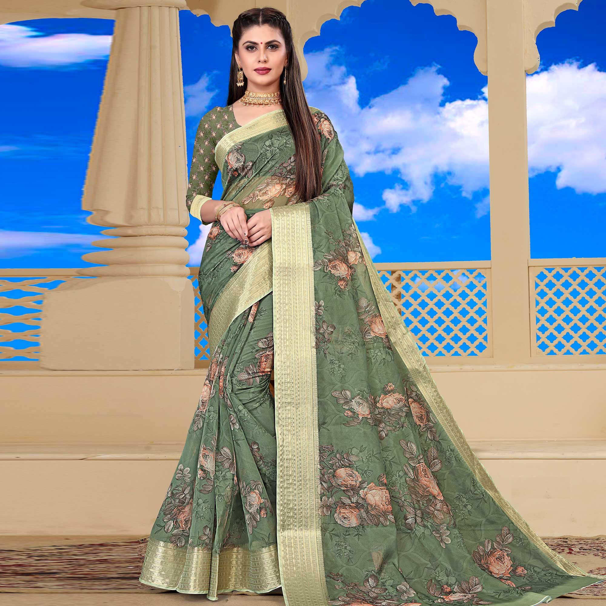 Mehndi Green Party Wear Floral Digital Printed With Jacquard Border Soft Georgette Saree - Peachmode