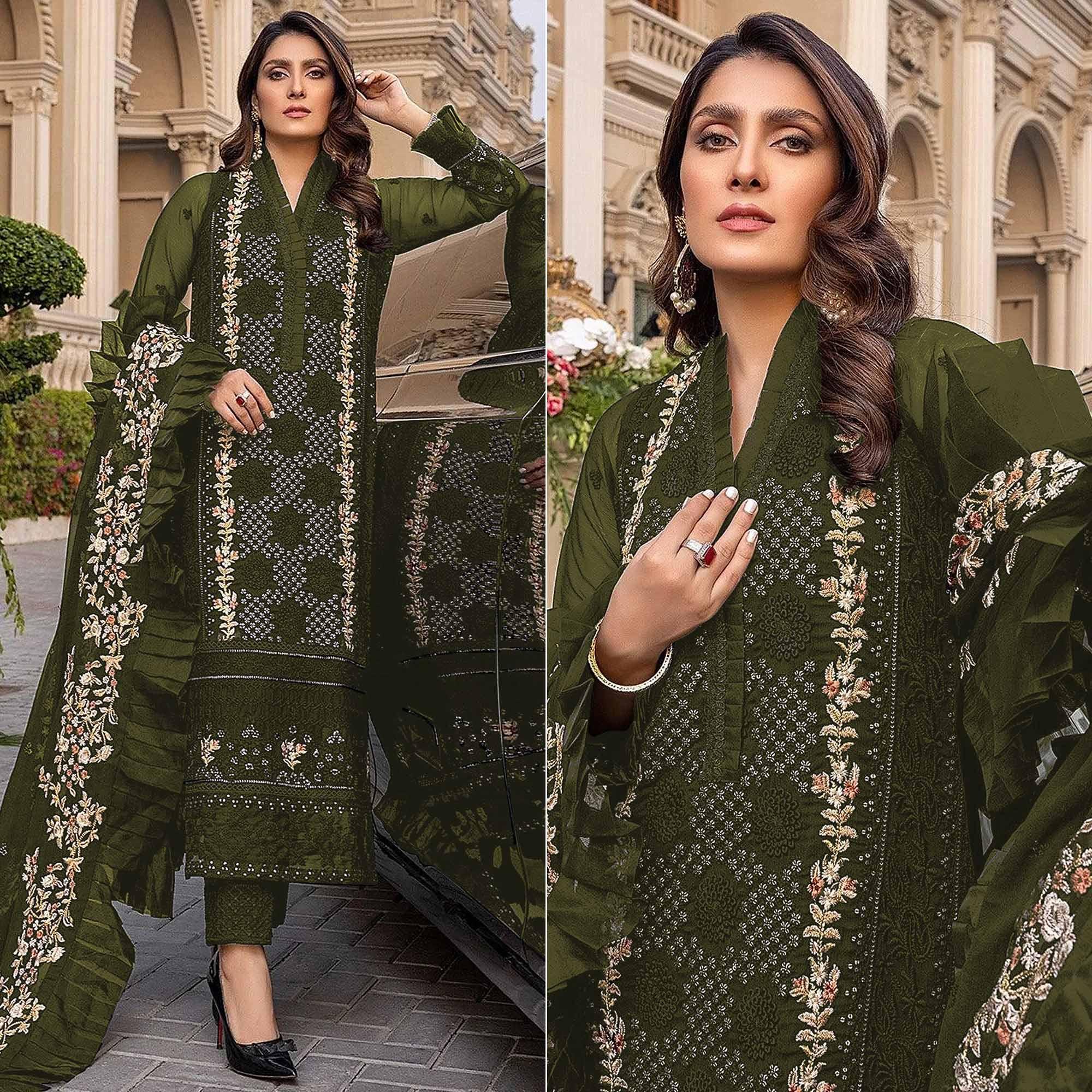 Mehndi Green Sequence With Floral Embroidered Georgette Pakistani Suit - Peachmode